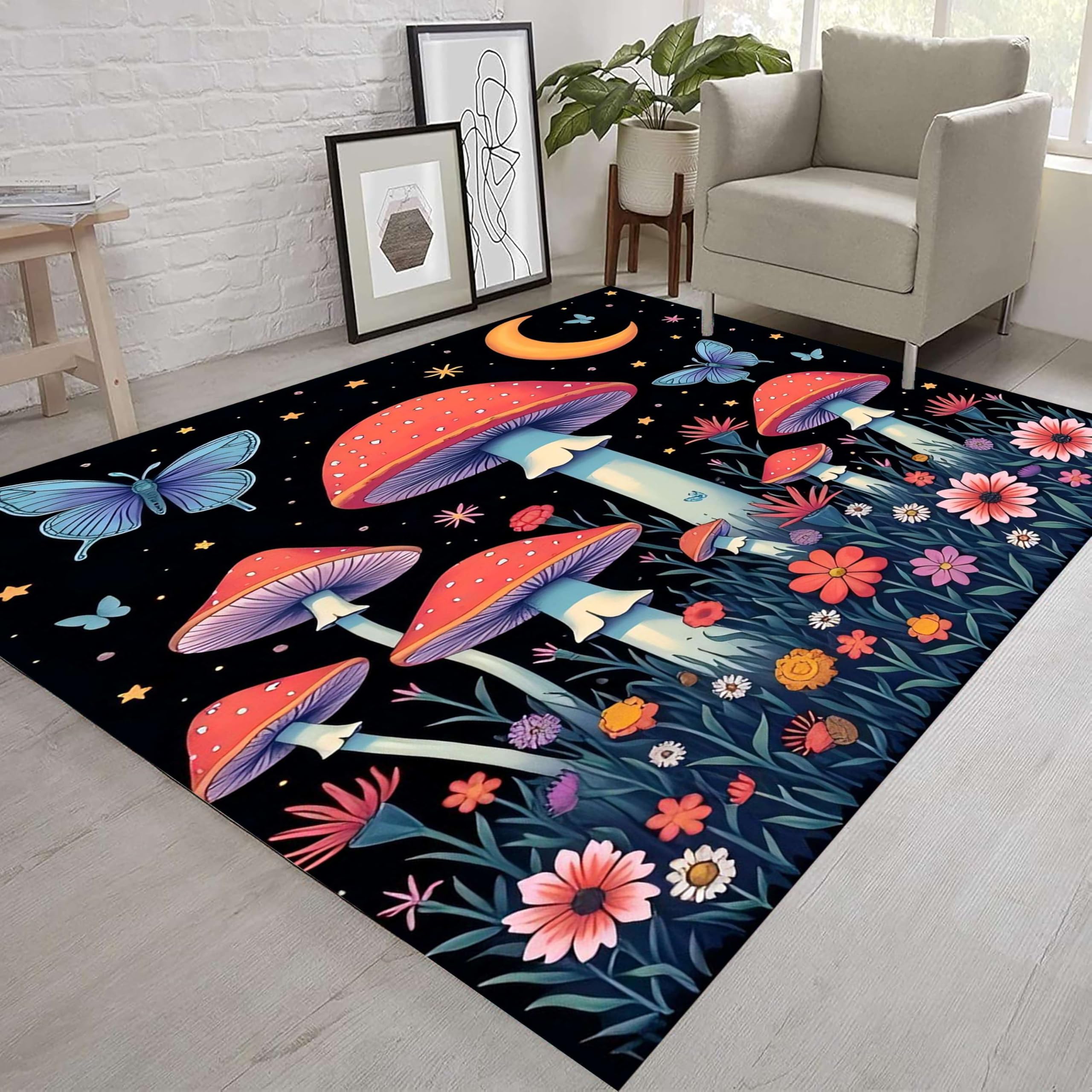 Kuluoits Mushroom Area Rug, 180x230cm, Bohemian Cute Floral Insect Moon Stars Kids Room Rug, Fashionable Beautiful Indoor Non-Slip Rugs for Living Room, Bedroom Decorative Washable Rugs for Playroom