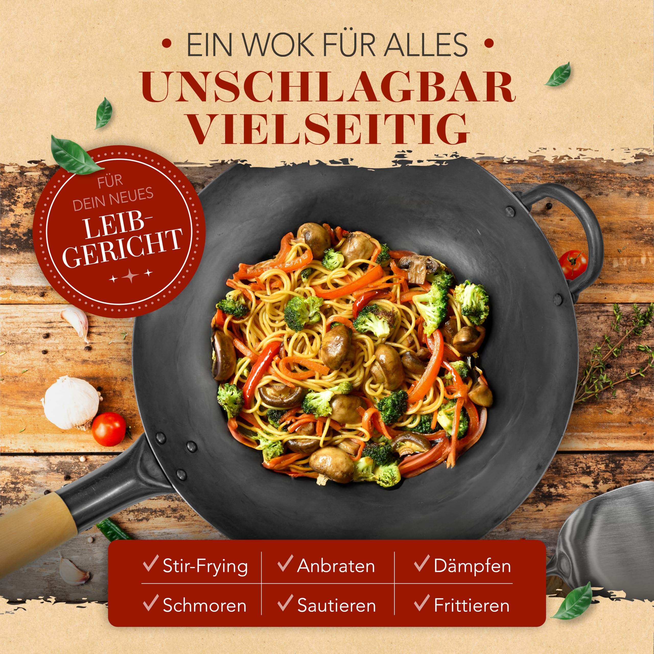 KRUSTENZAUBER 36cm Wokpfanne Induktion Voreingebrannt - Traditionelle Stahlwokpfanne Mit Wokwender und Wokring - Pfanne, Induktion, Woklette, Zubehör, Carbon Steel Karbonstahl
