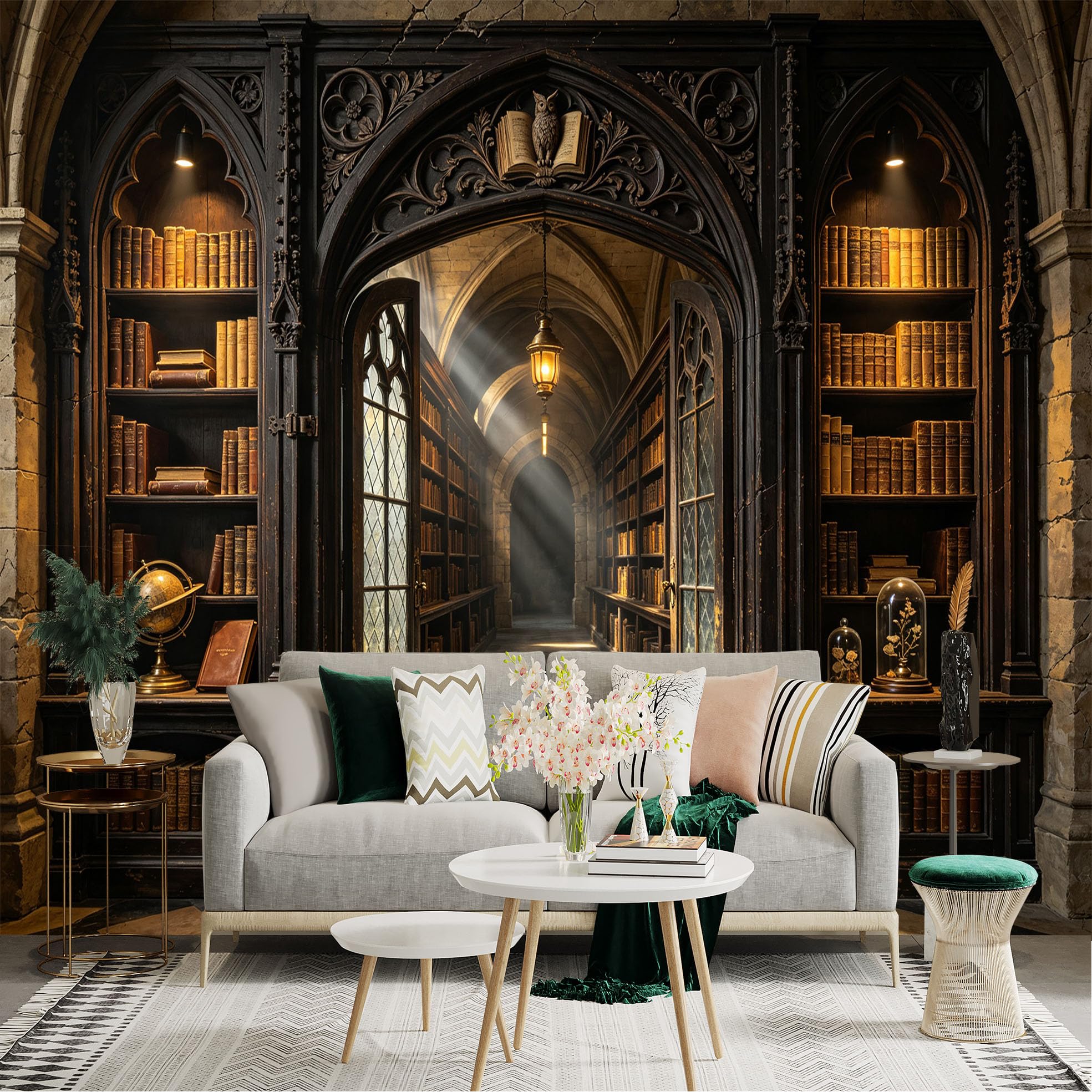 Lnzczhyre Bh260719282 Custom Size Wall Sticker Mural， Vintage Library Interior， Classic Bookshelves， Archway Corridor With Sunbeams， For Wall Decoration， Peelandstick Wall Decals.