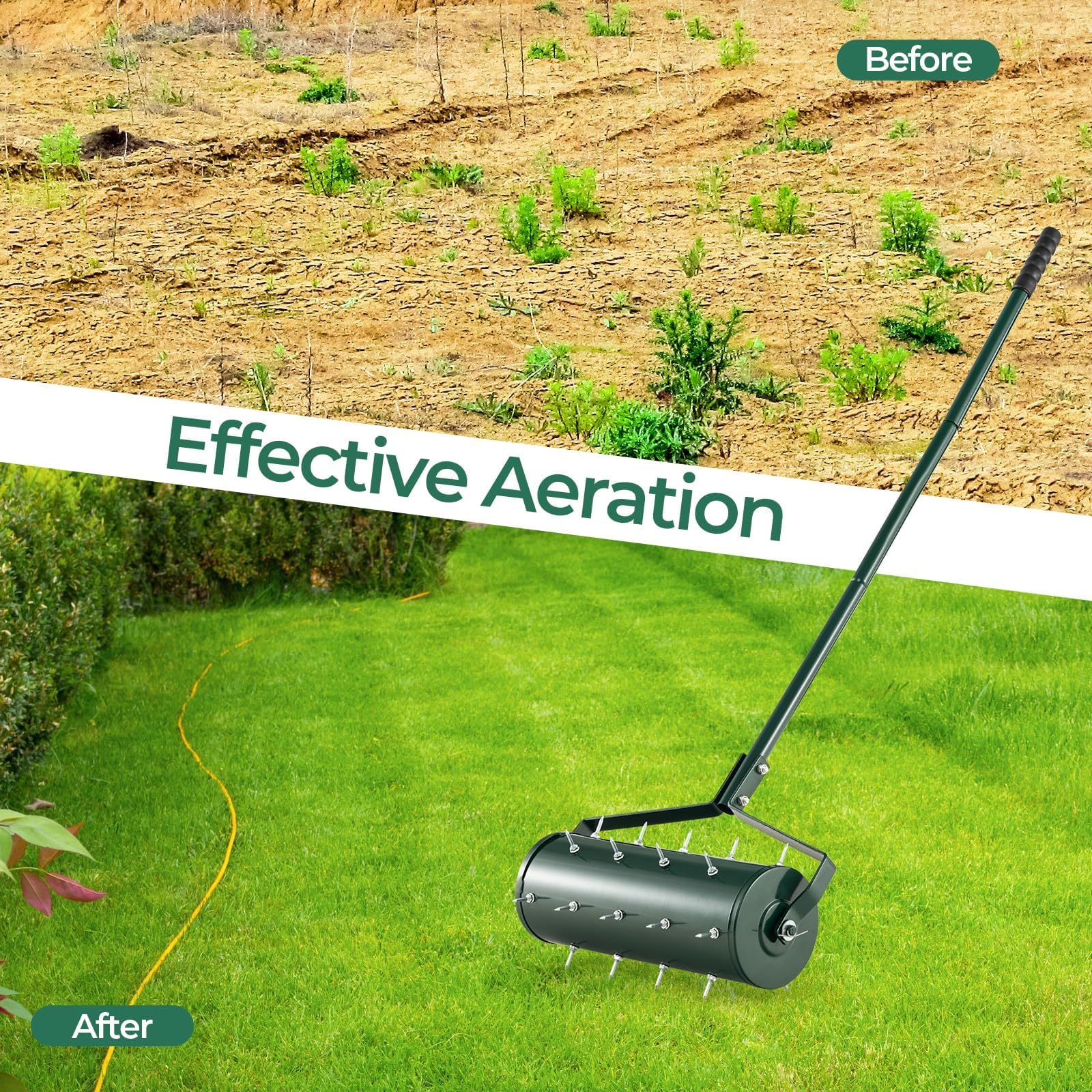 Aireador de césped, esparcidor rodante resistente de 45 cm/53 cm, herramienta para el cuidado del césped con mango de metal de 130 cm, rodillo de jardinería aireador manual para jardín, césped, patio