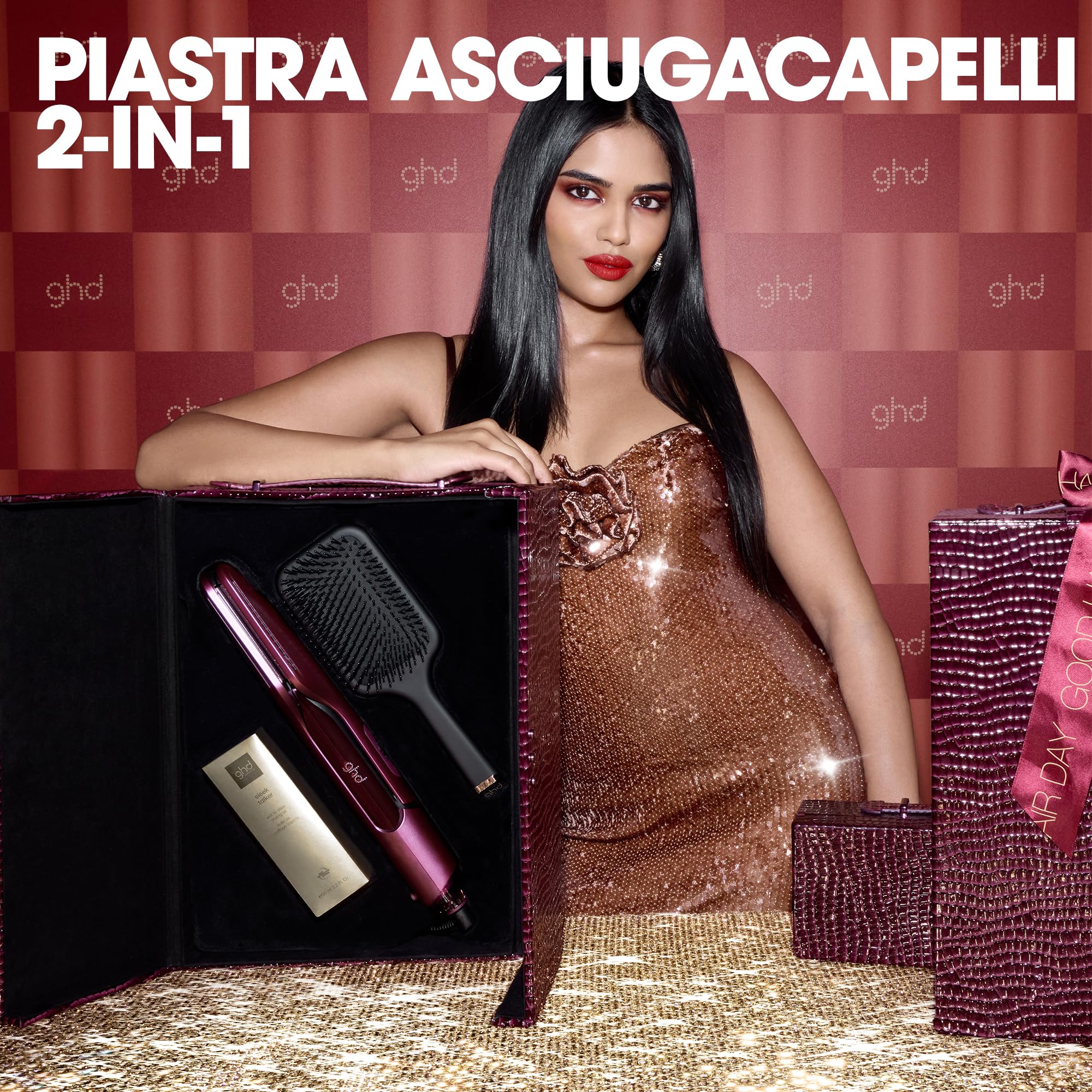 ghd Set Regalo Duet Style Cherry Chic, Piastra Asciugacapelli Professionale in Tonalità Rosso Ciliegia, con Elegante Cofanetto Viaggio, Capelli Lisci e Lucenti fino a 48H Senza Danni Termici