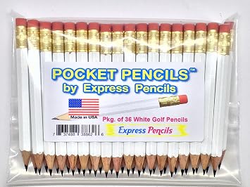 Half Pencils with Eraser - Golf, Pew, Short, Mini, Small, Non Toxic - Hexagonal, Sharpened, #2 Pencil, Color - White, Pkg of 36 Pocket PencilsTM