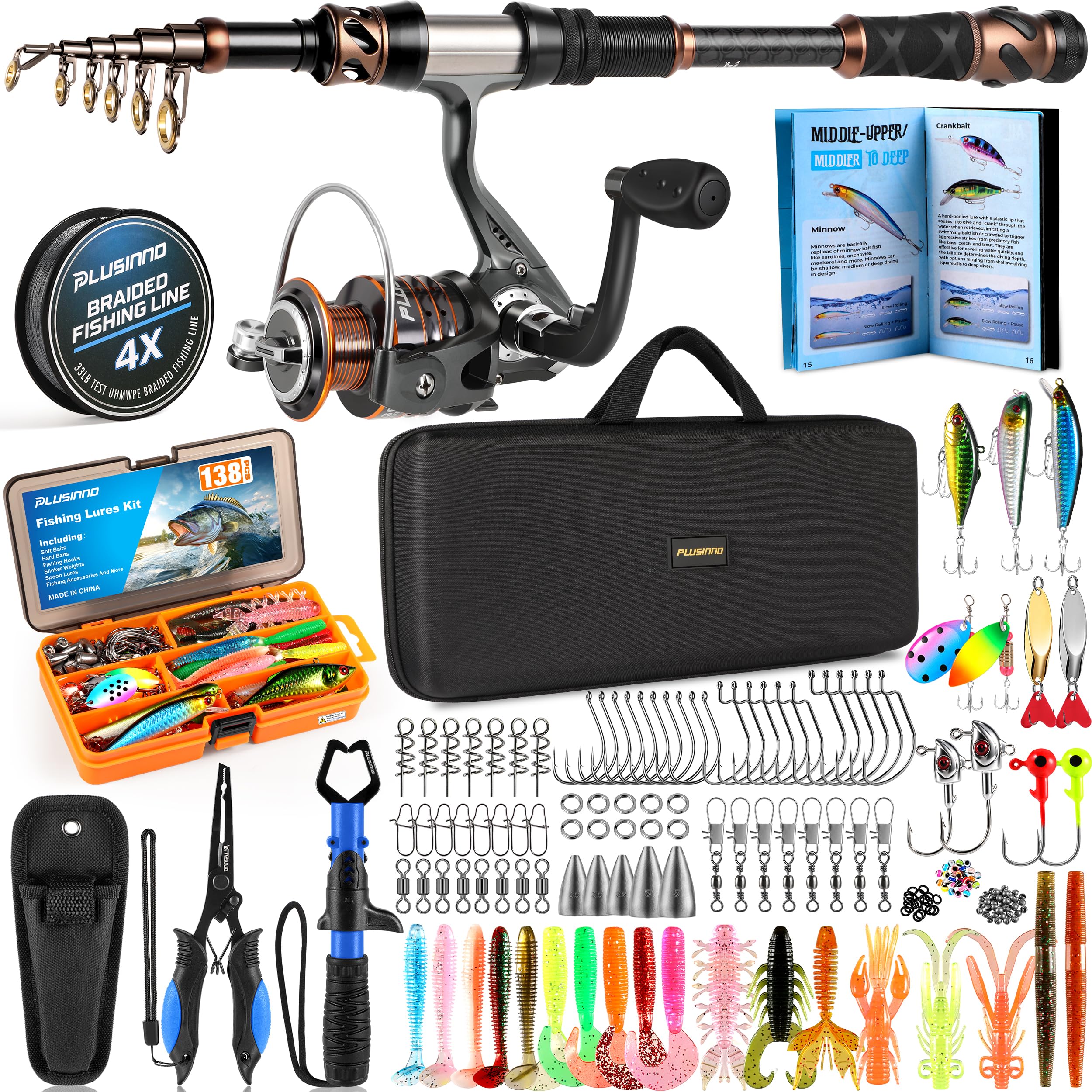 15 ft telescopic fishing rod and reel Full Kit Portable Travel Spinning Pole Reel Lure Carry Bag Capacity 8Lb/220Yd 15 Ft Telescopic Lure Rod