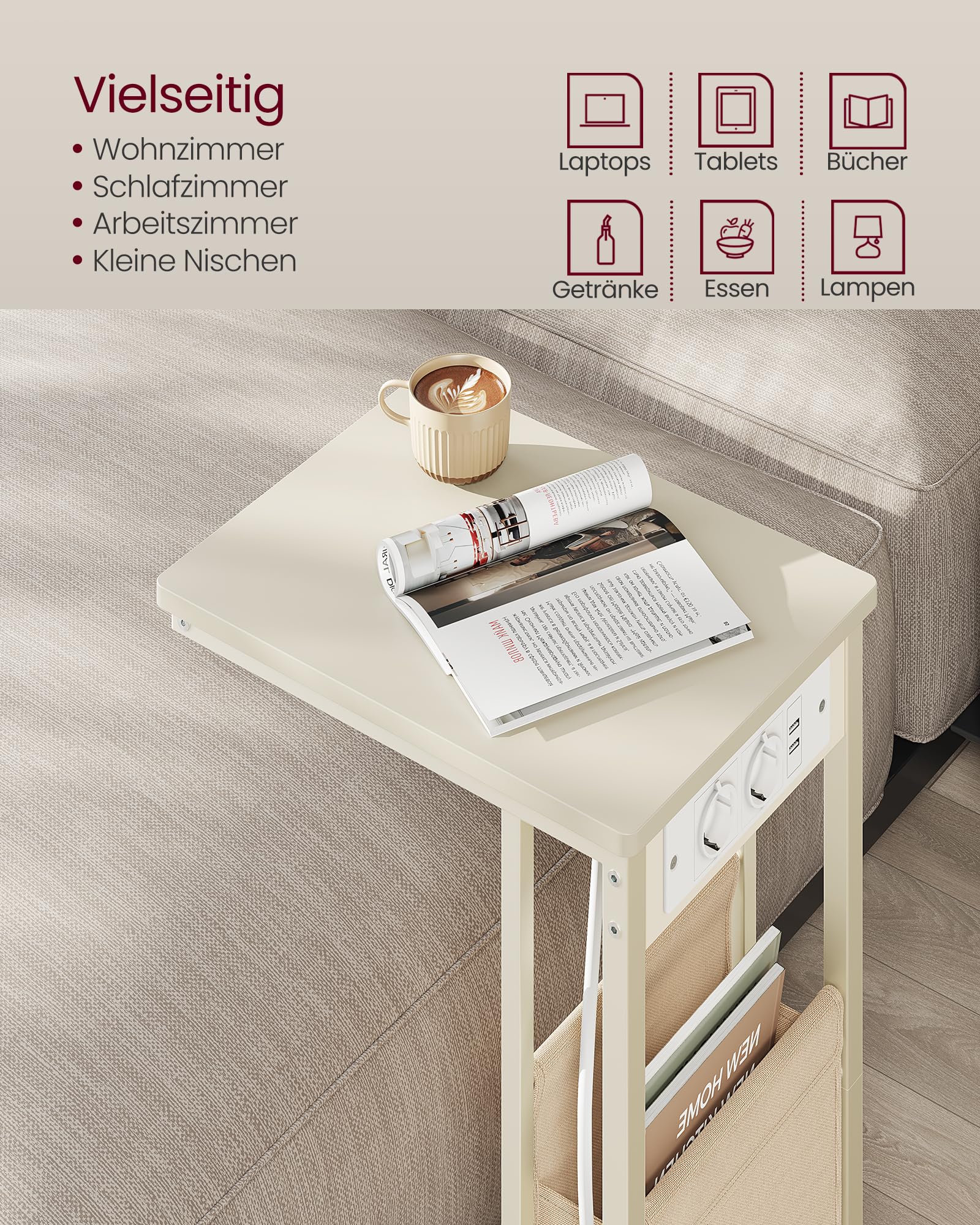 VASAGLE Beistelltisch, C-Form, mit Steckdose, Metallgestell, 40x30x62.2 cm | Sofatisch, Kaffeetisch, für Kaffee und Laptop, modernes Design, cremeweiß, BARNET Kollektion LET356W02