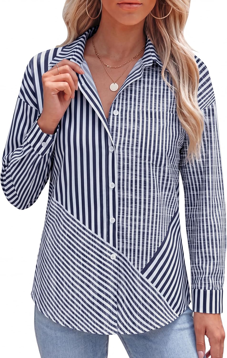 Fayenne Women Button Down Shirt Asymmetrical Striped Long Sleeve Top Casual
