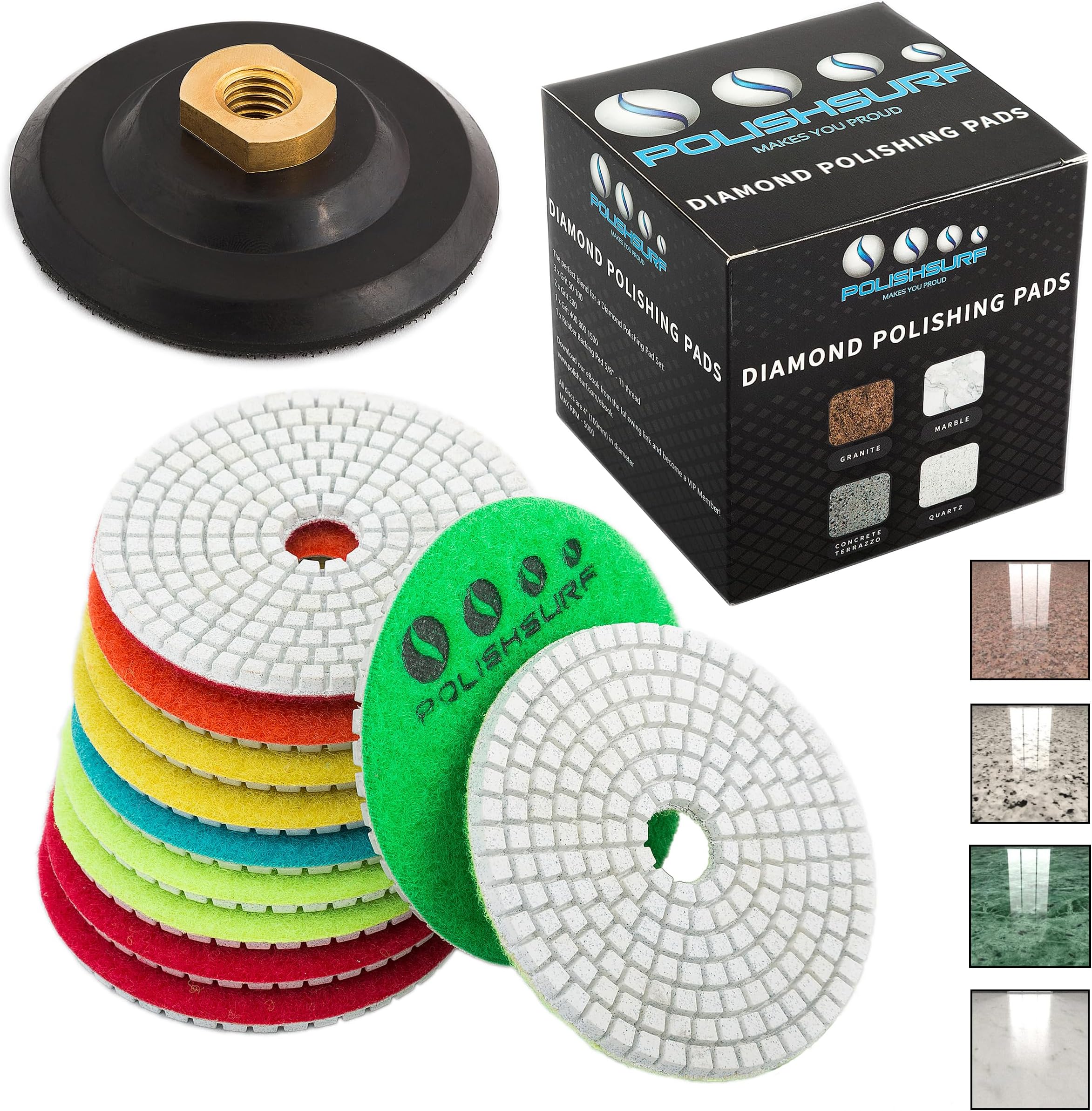 POLISHSURF Diamond Polishing Pads 4 inch Wet/Dry Set of 11+1 Backer Pad for Granite Concrete Marble Polishing | Free eBook - Polishing Process Best Practices