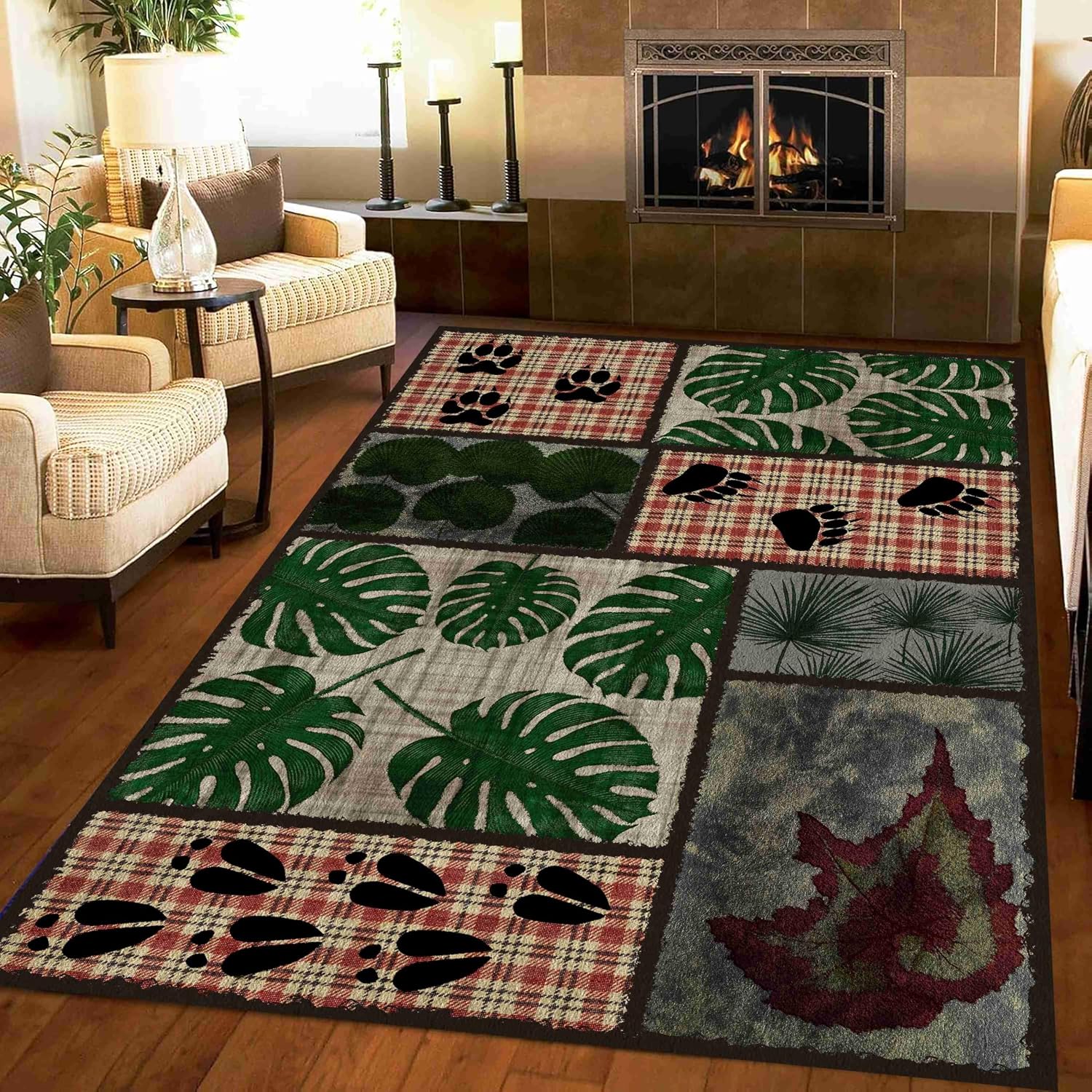 Leaf Rustic Rug, 2x3ft, Palm Leaves Tropical Area Rug Love Bear Paw Cabin Carpet Red Plaid Patchwork Floor Mat Non-Slip Accent Rugs Low Pile Washable Rug for Home Dorm Cabin Decor