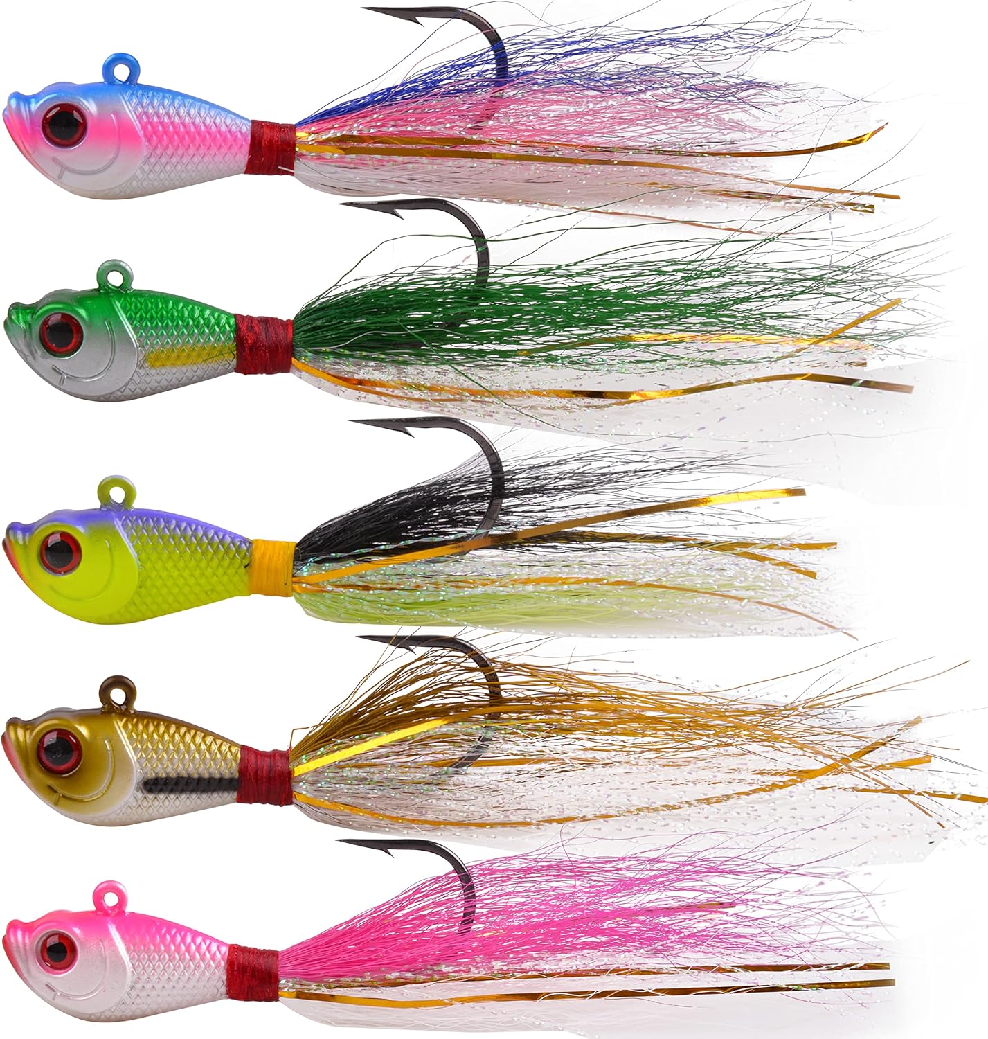 5pcs Bucktail Jigs Saltwater Fluck Lures Bucktail Hair Jigs Fishing