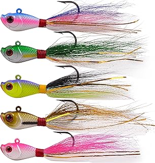 5pcs Bucktail Jigs Fluck Lures Saltwater Bucktail Hair Jig Head Flucks Fishing Lures for Bass Striper Bluefish Redfish Snook 1/4oz 1/2oz 1oz 1.5oz 2oz
