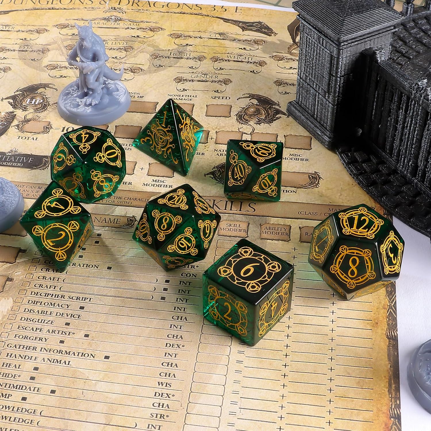 LUCKY-M Glass Dice DND Set, Polyhedral Crystal Glass Dice D&D for Dungeons and Dragons, with Case for RPG MTG Tabletop Games Men & Women Gift(PF-Green)
