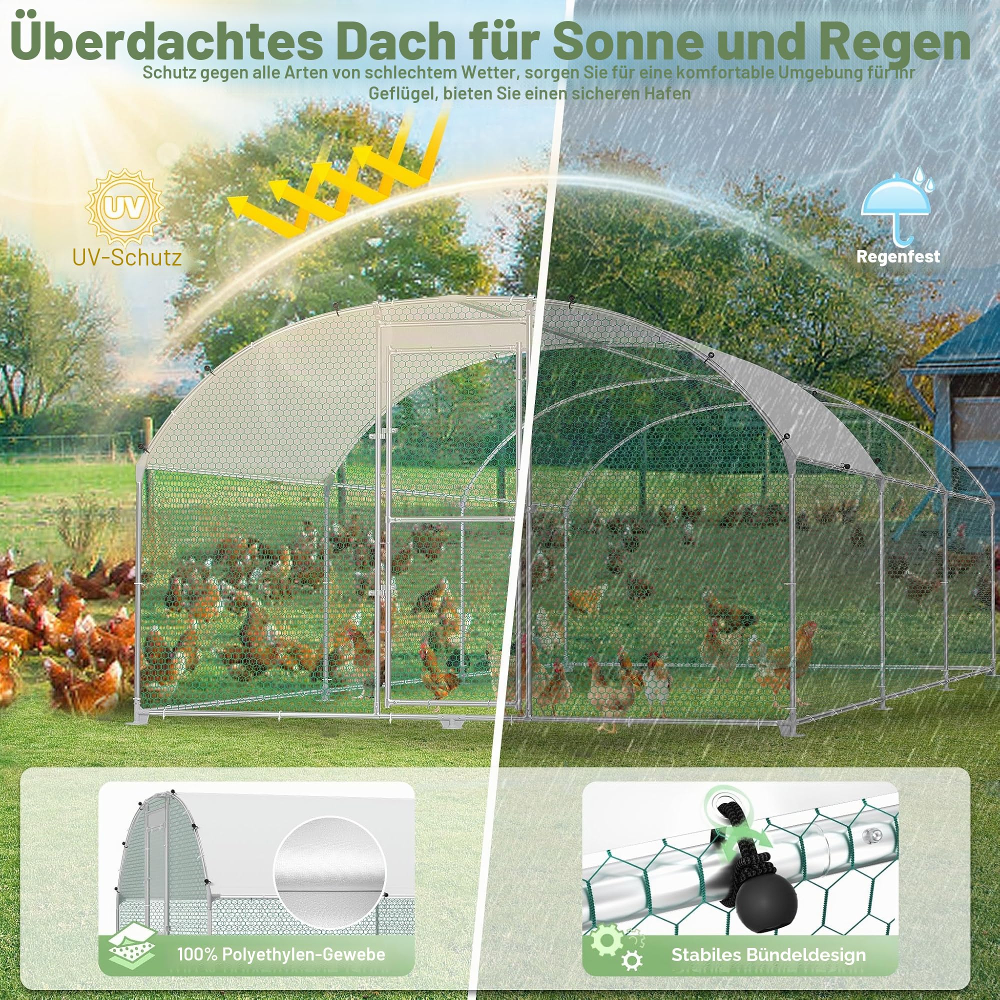 Hühnerstall Freilaufgehege 3x6x2m, Verzinkter Stahlrahmen Geflügelstall Hühnerhaus Bogenform Design mit Sonnenschutzdach, Outdoor Hühnerkäfig Voliere für Hühner, Enten, Kleintiere