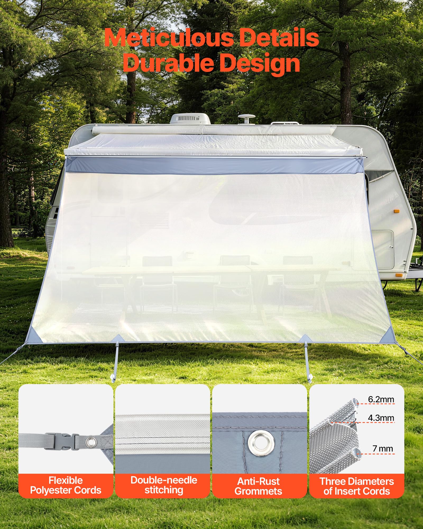 VEVOR Paroi Avant pour Store de Camping-Car de 2x3,3 m, Façade de Store Compatible avec Auvent de 3,5 m, Pare-Soleil pour Caravane Camping Voyage, en Maille Polyester Respirant, Double Couture
