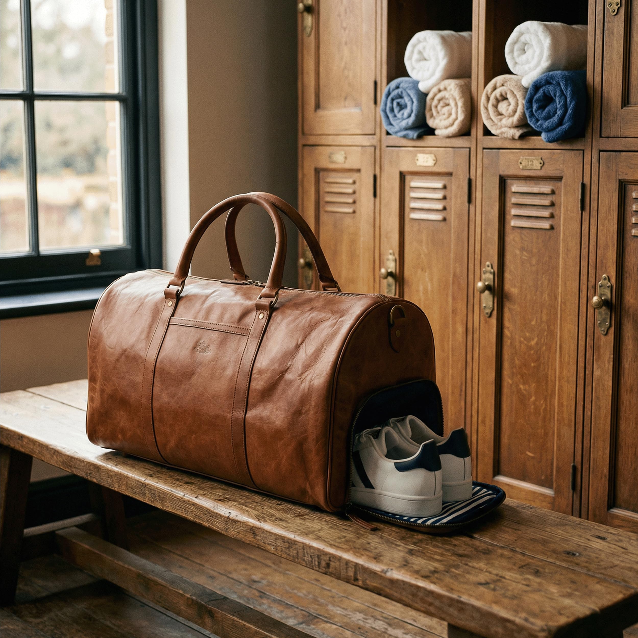 SID & VAIN Grand sac de voyage en cuir véritable - Grand sac de sport SKYLER - Bagage à main Weekender avec bandoulière - Sac en cuir pour homme et femme - Marron - Fait main, marron avec compartiment