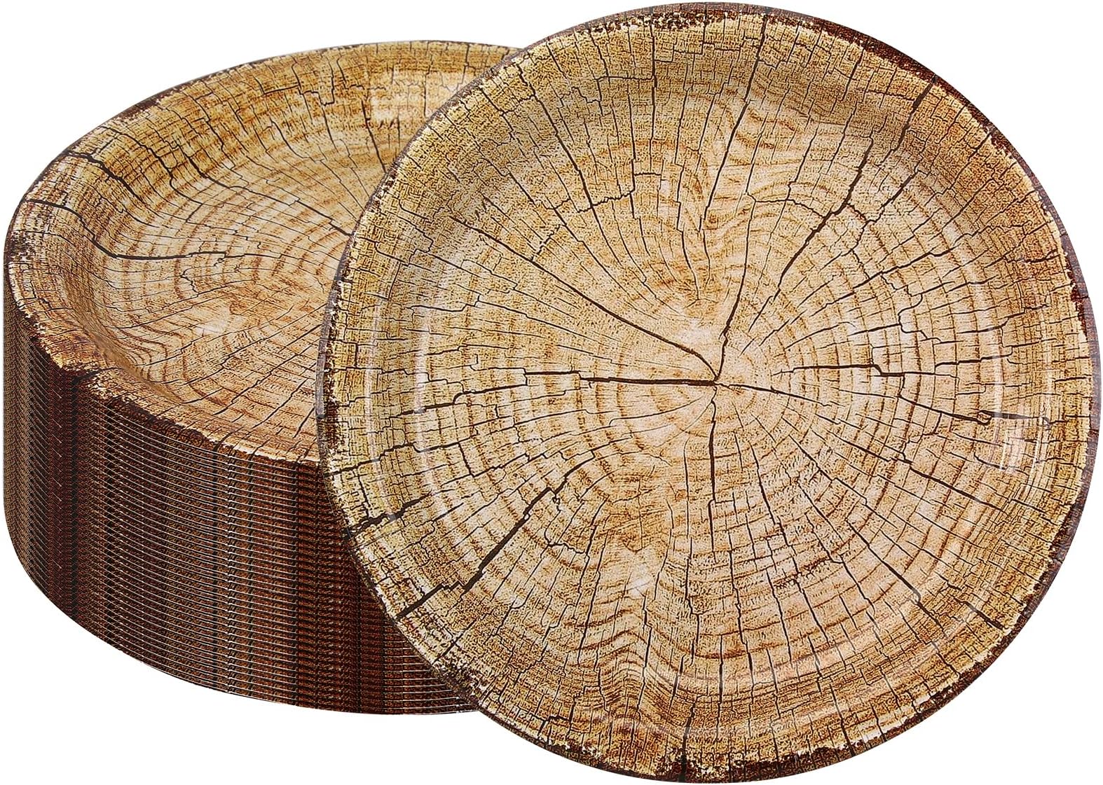 CEILIWEN Wood Grain Party Plates 50 Pieces, 9" Rustic Wood Effect Paper Plates, for Woodland Theme Party Table Decorations