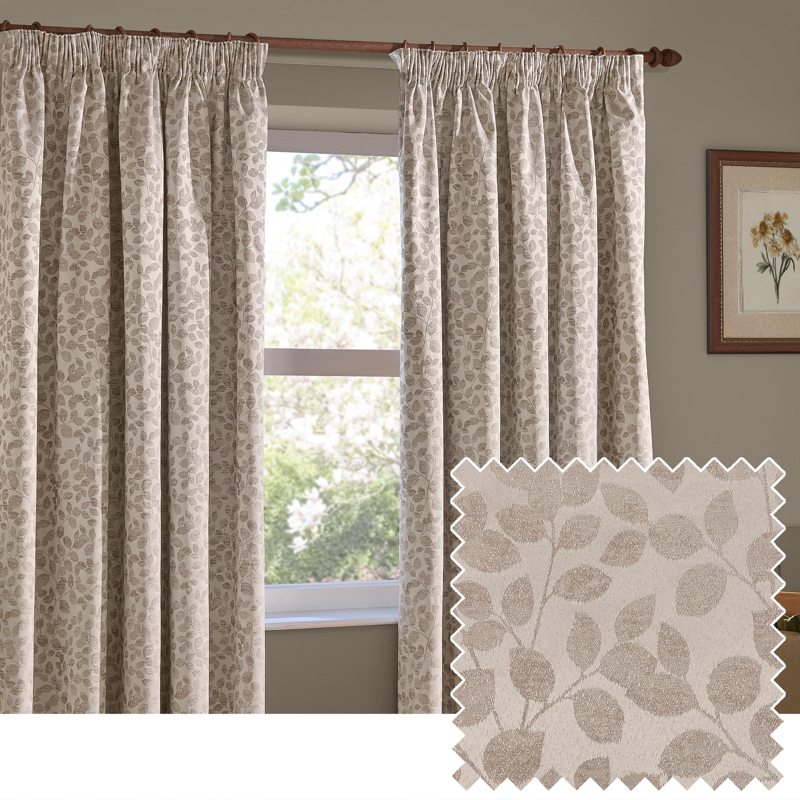 Furn. Natural Wylder Grace Leaf Pencil Pleat Curtain Pair – Matt Satin Jacquard Room Darkening Curtains ( – Width 168 X Drop 137Cm)