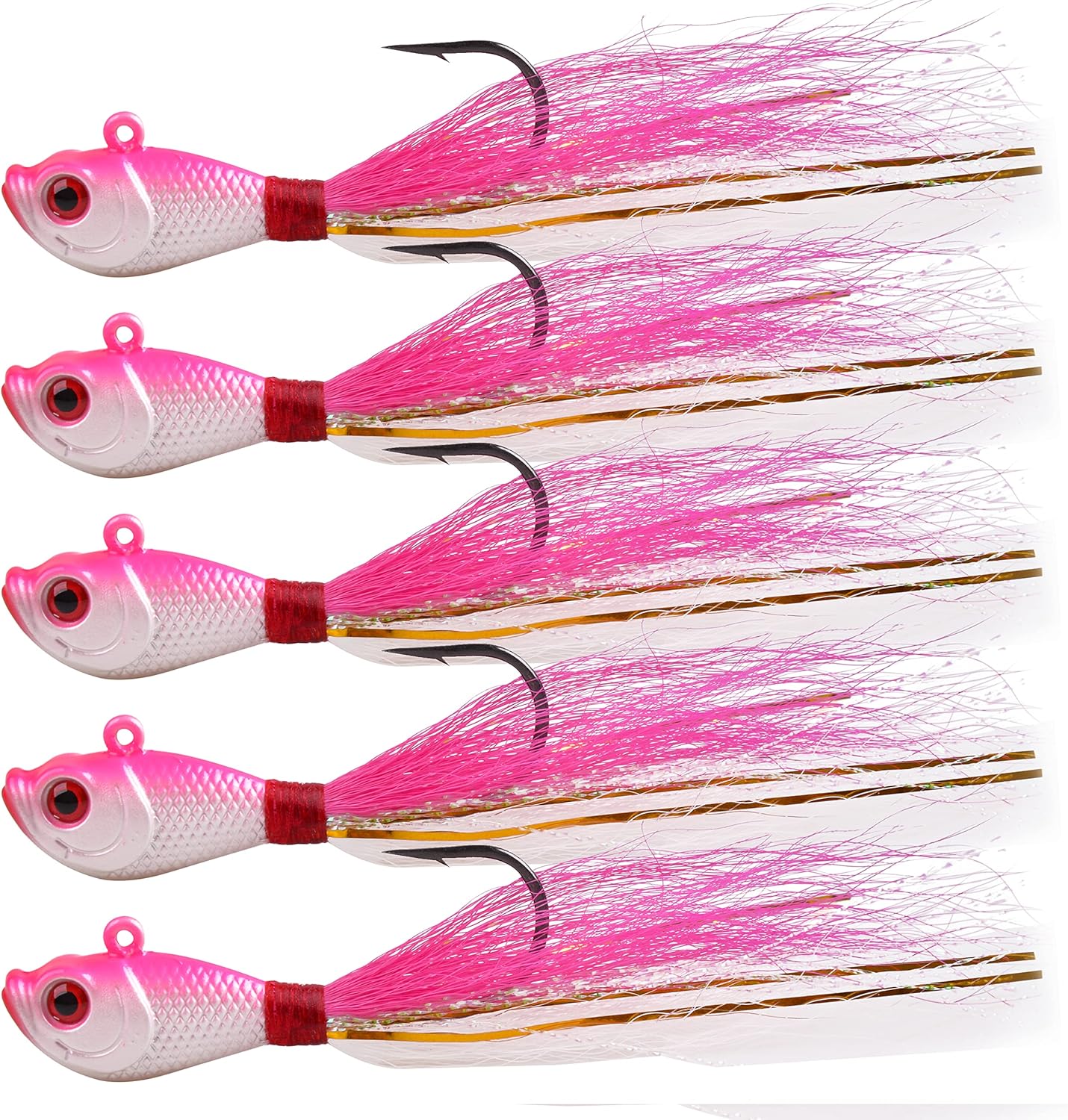 Bucktail Jigs Saltwater Fishing Lures, 5pcs Premium Bucktail Hair Jigs Head Saltwater Striper Lures for Bass Flounder Bluefish Halibut Redfish Surf Fishing 1/4oz 1/2oz 1oz 1.5oz 2oz