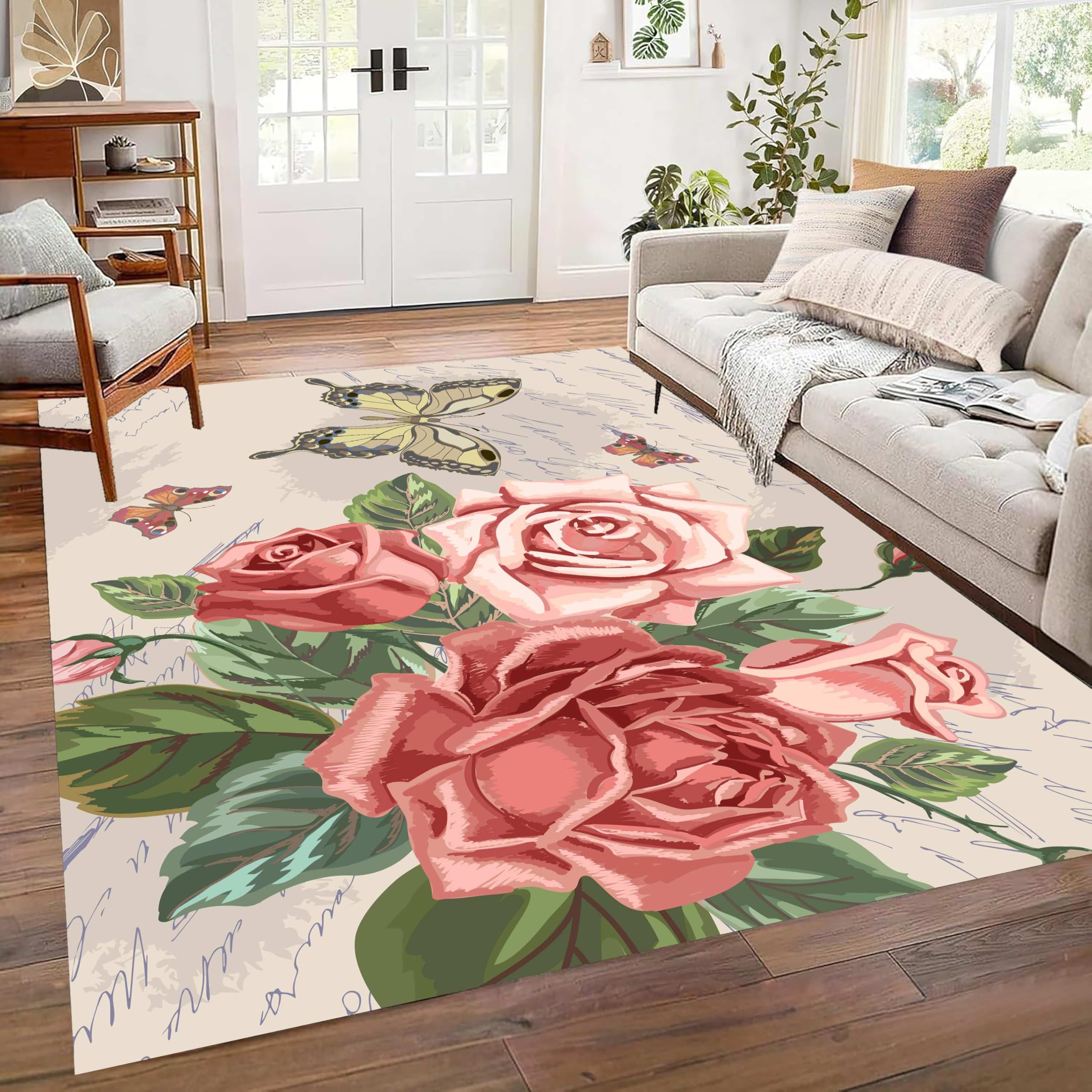 Kuluoits Butterfly Area Rug, 160x200cm Rose Floral Creed Colorful Butterfly, Romantic Bedroom Rugs for Girls, Vintage Floral Non-Slip Washable Square Carpet for Living Rooms, Bedrooms and Bathrooms