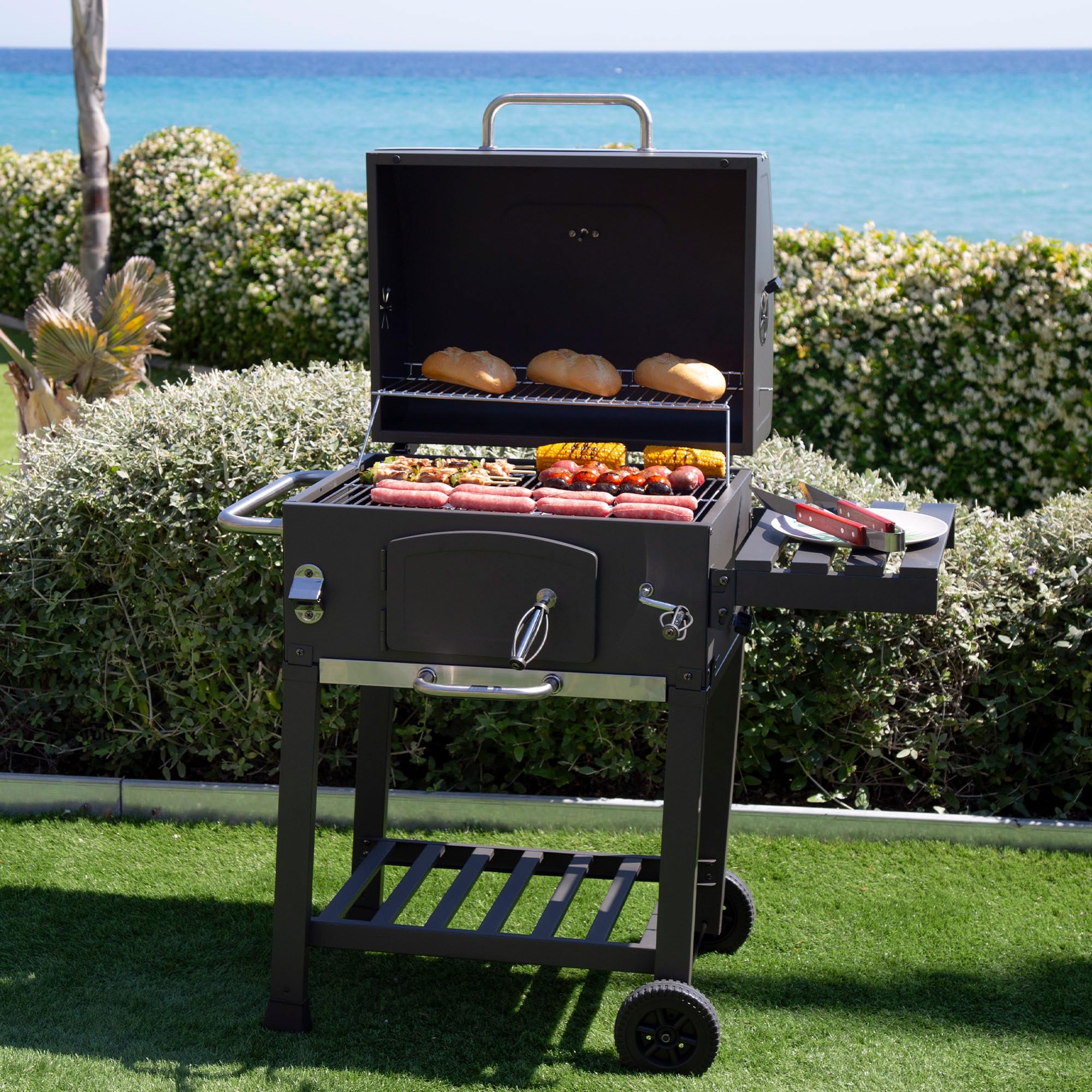 Aktive Ahumador barbacoa carbón portátil, De acero, Termómetro, Mesa lateral plegable, Estante almacenaje, Abridor botellas, Ruedas grandes, Parrilla, Barbacoas de carbon, Bbq, Cocina exterior (63109)