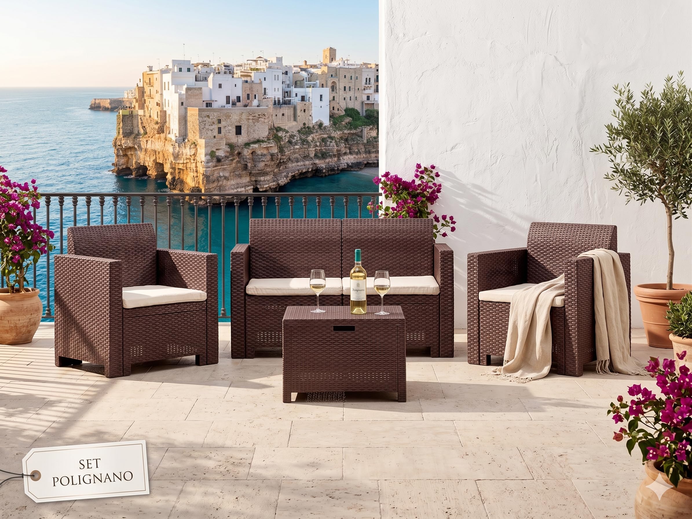 BERARDI Salon de jardin en polypropylène rotin, marron, 4 places, avec coussins, canapé, 2 fauteuils et table basse de rangement