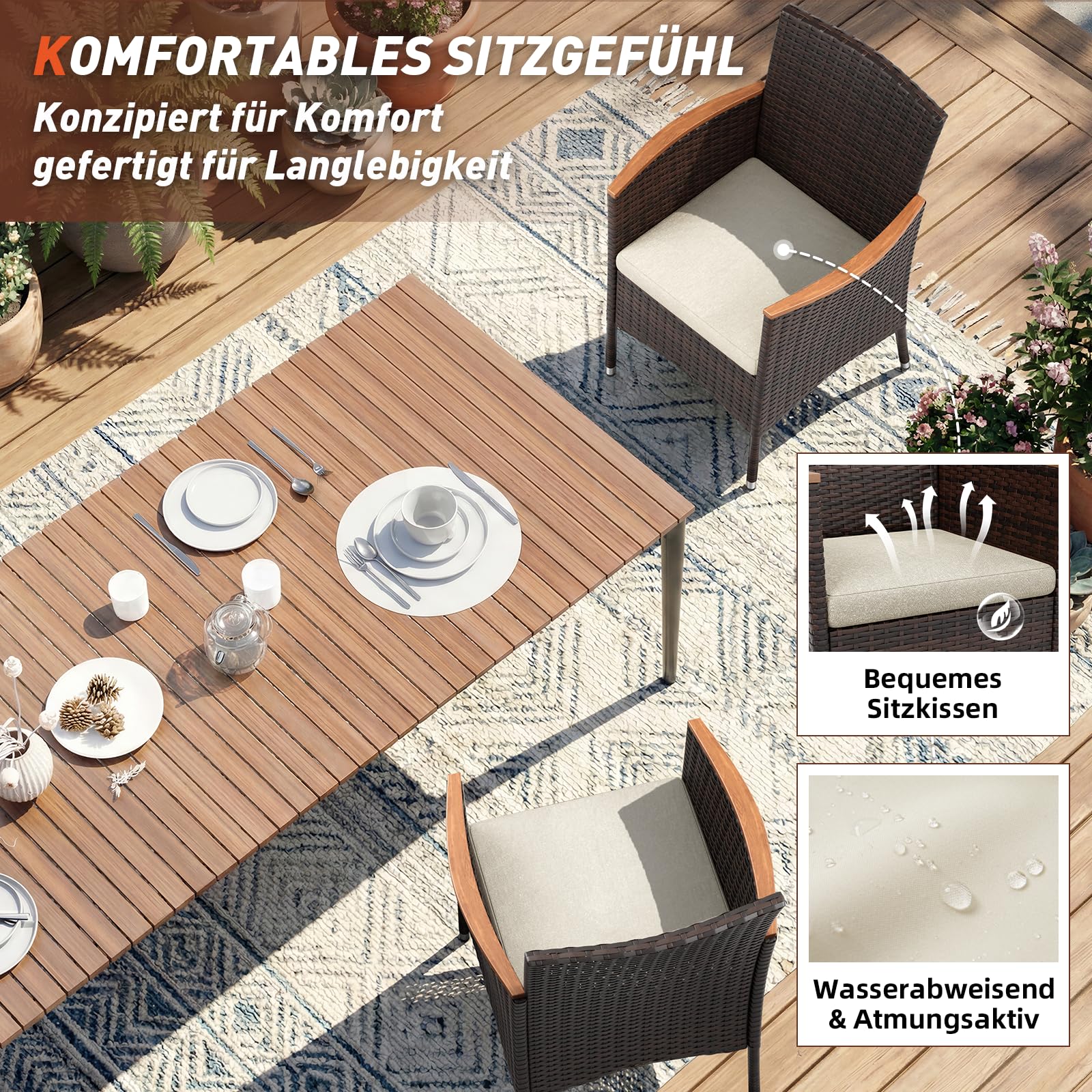 UDPATIO Gartenstühle 2er Set Rattan mit Kissen, Wetterfeste Gartenmöbel, Gartenstuhl Hochlehner für Balkon Terrasse, Outdoor Lounge Sessel, 60x59x85cm, Braun