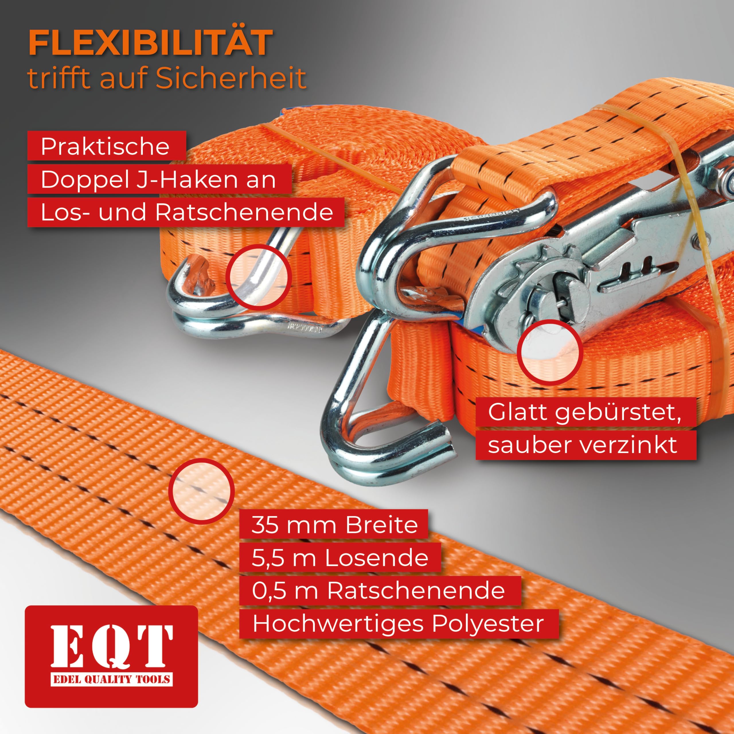 EQT 8 Stück 2000kg 6 Meter Spanngurte mit Ratsche und Haken zweiteilig DIN EN 12195-2