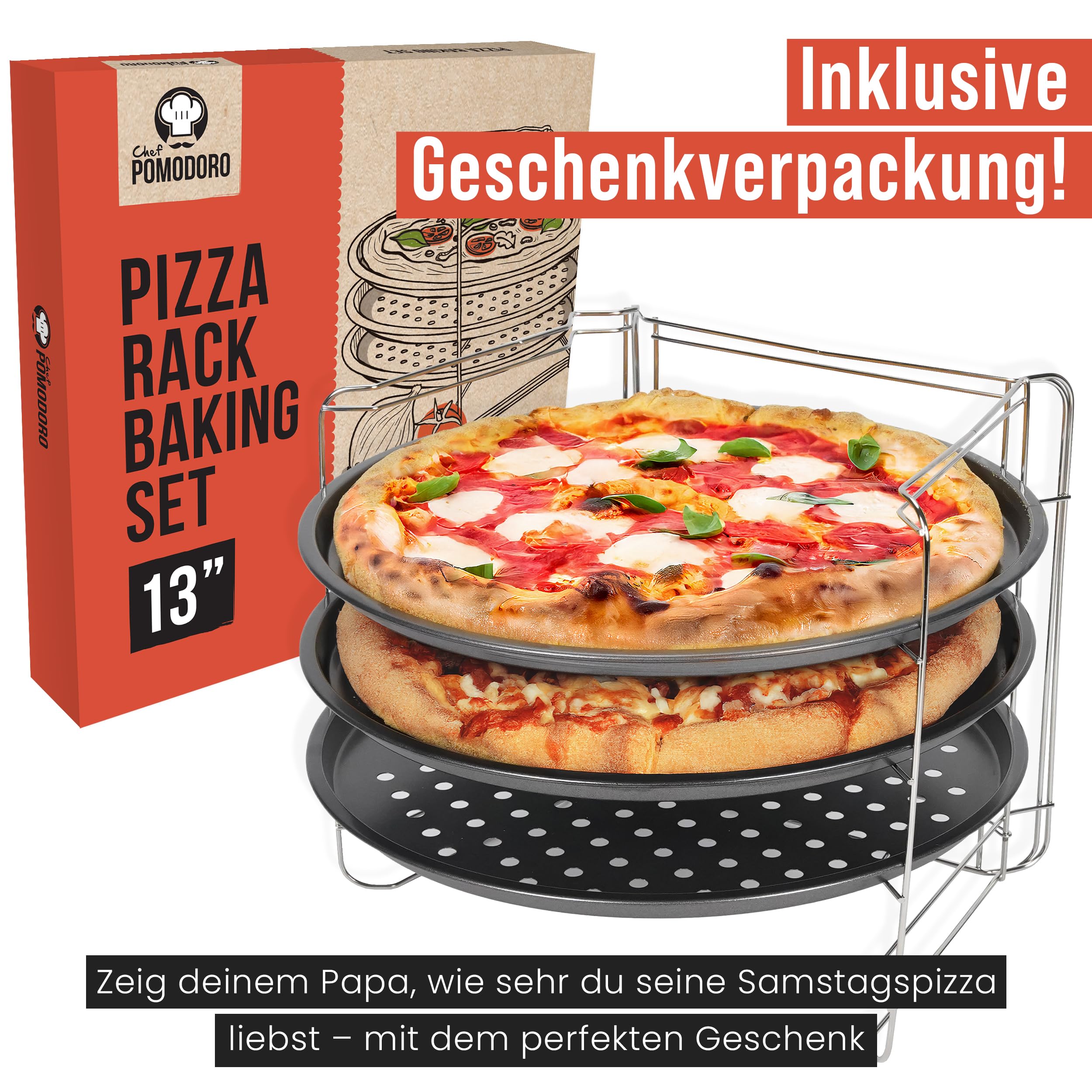 Chef Pomodoro Pizzablech rund 33cm, Pizzaständer für Backofen – klappbares Pizzagestell, 3x gelochte Pizzapfanne, Pizza Stahl, stabiles Pizza Backset für Ofen