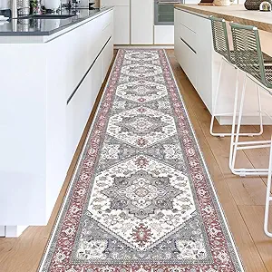 OPPODREAM Soft Entryway Rug 2x12, 2x12 Rug Runner, Washable Hallways Carpet 2 x 12 with Non Slip Backing, Low-Pile Bedside Carpet 2 x 12, Long, Faux Cashmere, Red & Grey