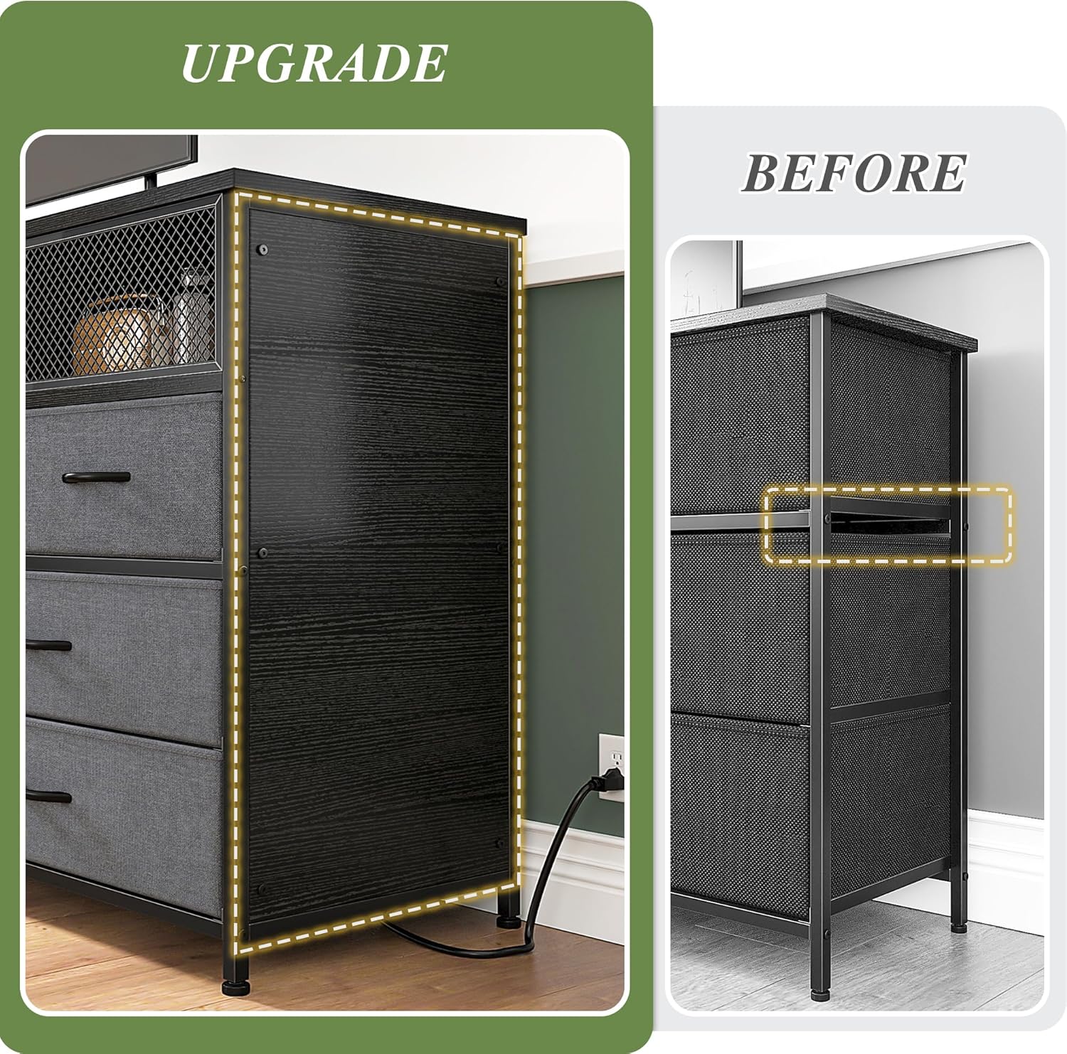 Dresser TV Stand for 50" TV with Charging Station, Sturdy Dresser for Bedroom with 7 Deep Fabric Drawers & Mesh Door, Chest of Drawers for Living Room, Entryway, Dorm, Wooden Top, Metal Frame,Grey