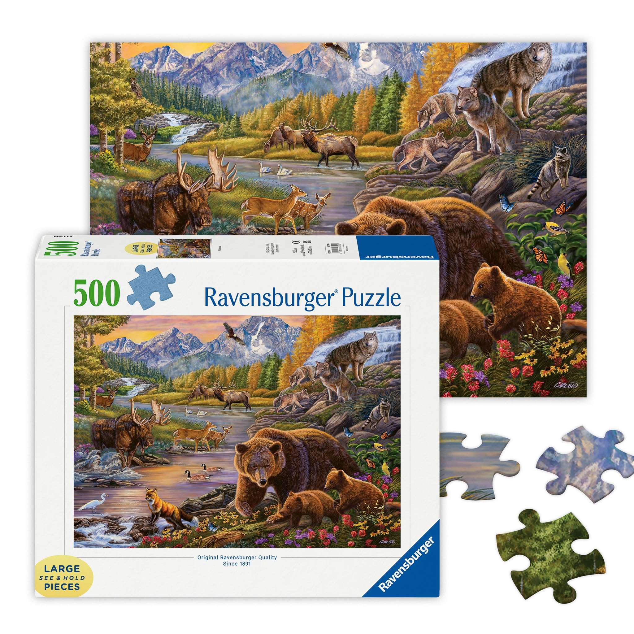 Ravensburger - Wilderness - 500 Piece Large Format Jigsaw Puzzle - Stunning Scenery Of Mountain Wildlife - Bears Wolves & More - Frameable - Premium Red