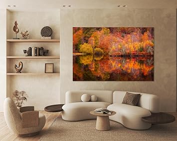 Nature Wall Art Prints - Ocean Forest Mountain Lake Canvas Landscapes - Small to Extra Large Living Room Bedroom Kitchen Bathroom Decor Autumn Forest with Lake, 16"L x 24"W