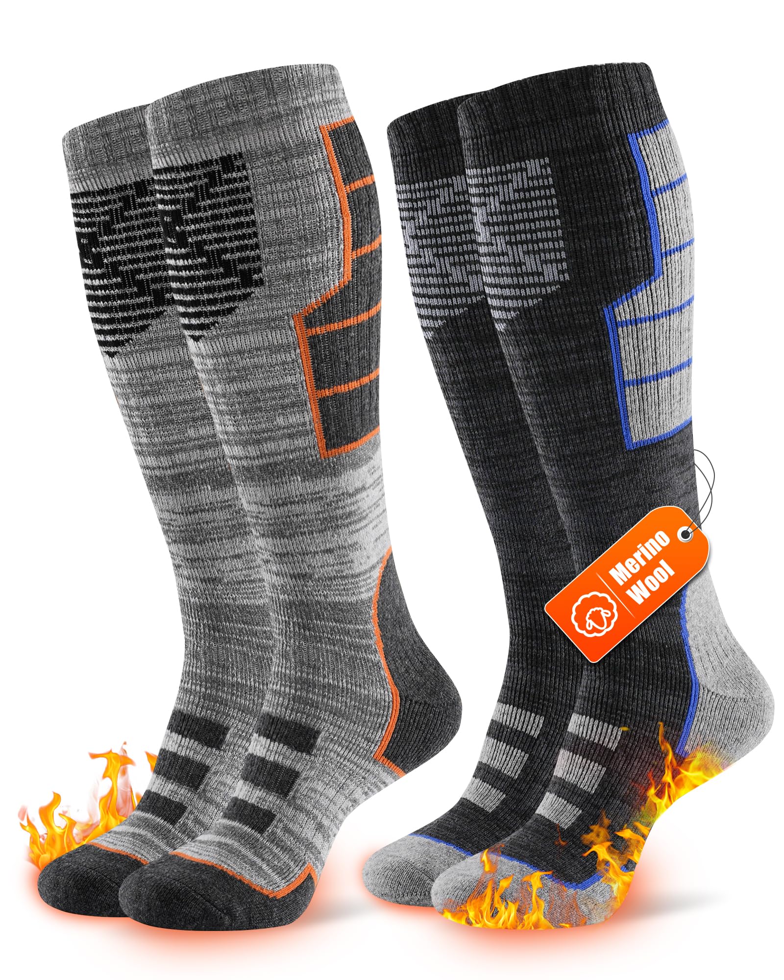 Niofind Merino Skisocken Herren Damen 2 Paar, Vollfrottee Thermosocken Warme Wintersocken, Feuchtigkeitsableitende Skistrümpfe für Kaltes Wetter Skifahren Snowboarden Wandern Jagen