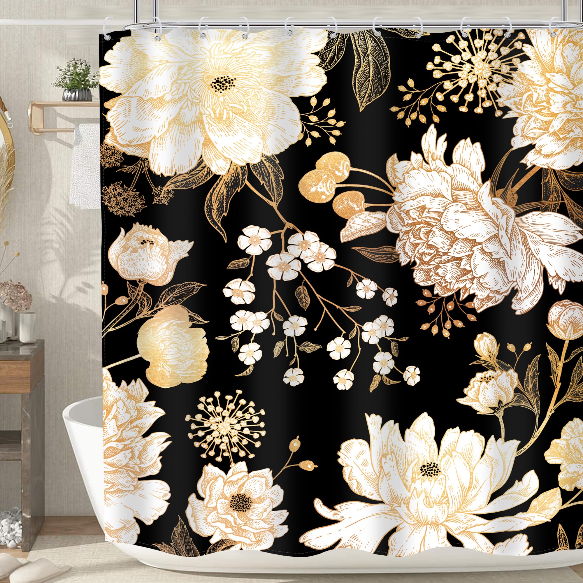 MESHELLY Black and Gold Shower Curtain 72Wx72H Vintage Peony Flower Rustic Rose Floral Leave White Brown Shower Curtain for Bathroom Botanical Bath