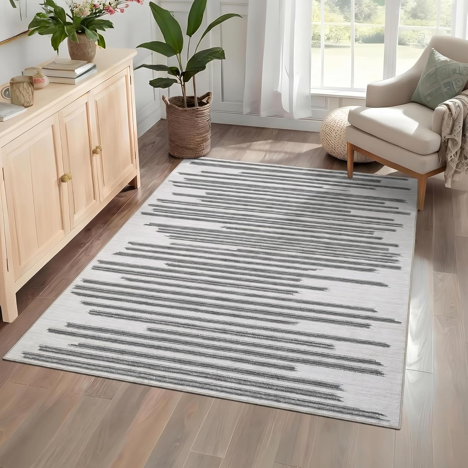 GarveeHome Non Slip 4x6 Modern Striped Area Rug for Living Room Bedroom Machine Washable Stain Resistant Low Pile Indoor Carpet Foldable Indoor Rugs for Dining Room Home Office, Beige Grey
