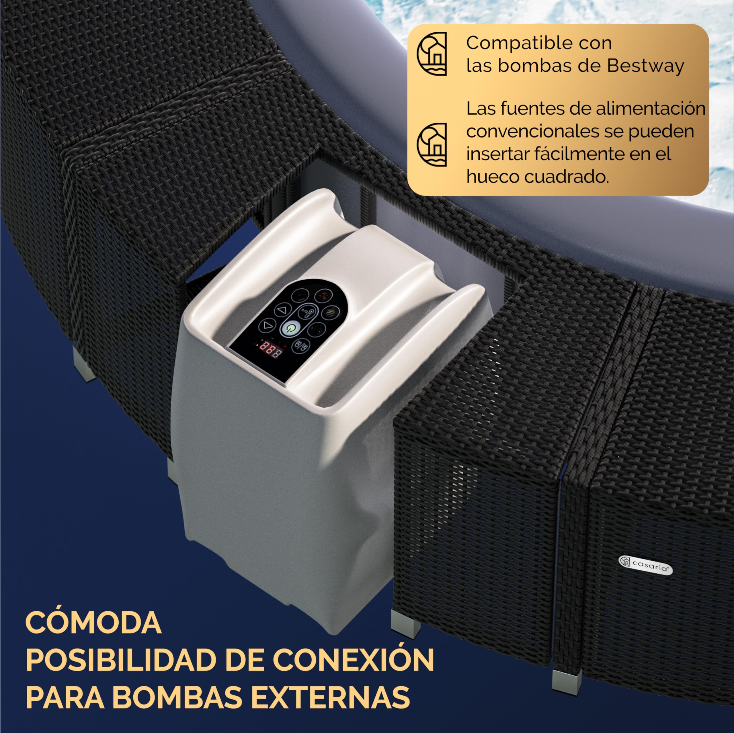CASARIA Borde de Bañera Hidromasaje Soporte Piscina SPA Ø206cm Poliratán Madera FSC® Acero Exteriores