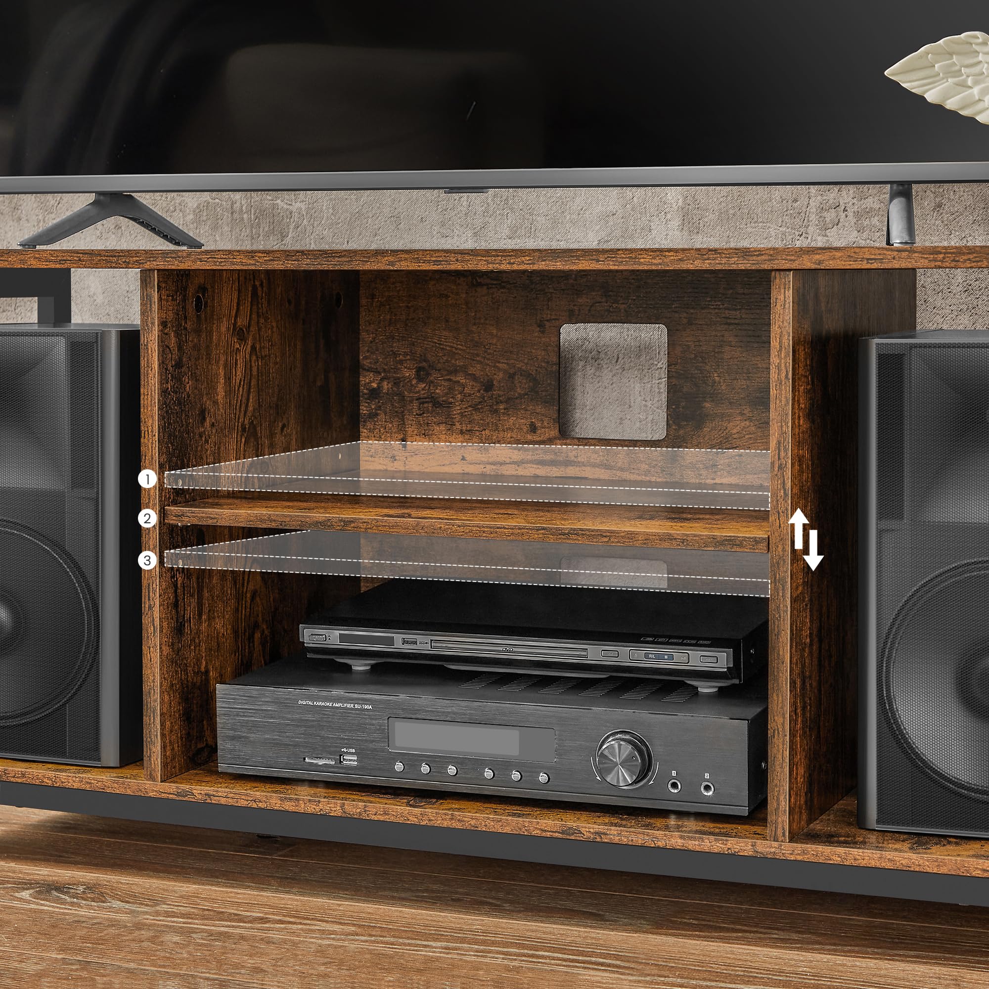 VASAGLE LTV060B01 Meuble TV pour TV Jusqu’à 152 cm (60"), avec étagères Ouvertes, Console TV pour Salon, Salle de Divertissement Marron Rustique/Noir