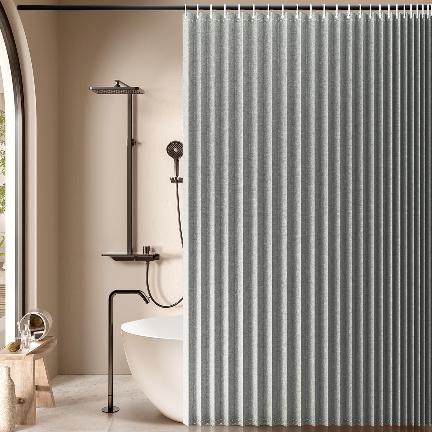 Jubilantex Folding Linen Shower Curtain for Bathroom Grey Waterproof Shower Curtain 1 Panel with 14 Metal Grommets and 1 Tie Back for Hotel,70"x70"