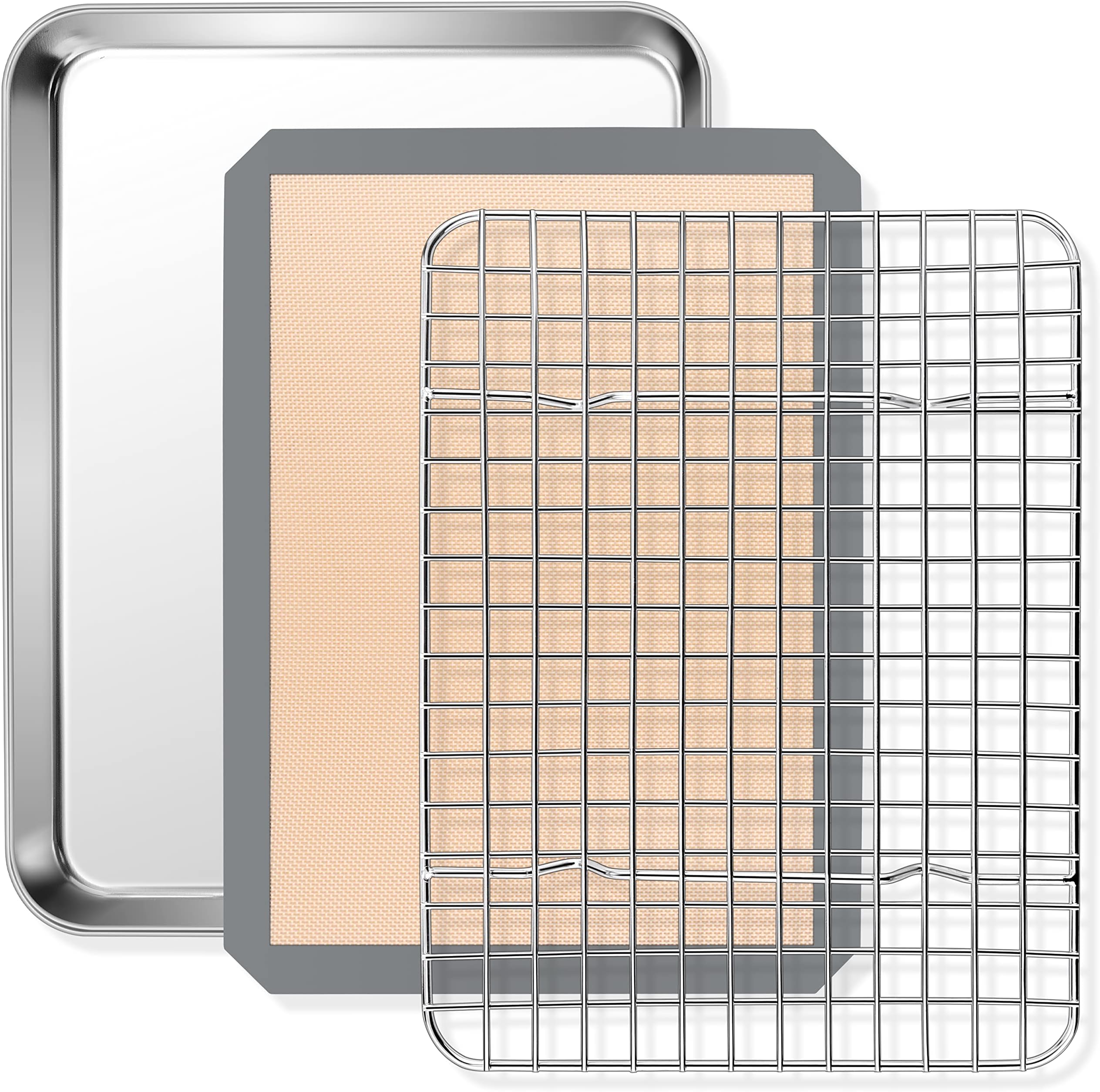 P&P CHEF 9 x 7 x 1 Inch Toaster Oven Pan with Grid Rack and Silicone Mat, Stainless Steel Toaster Oven Tray Baking Pan with Cooling Roasting Rack, Dishwasher Safe (3Pcs)