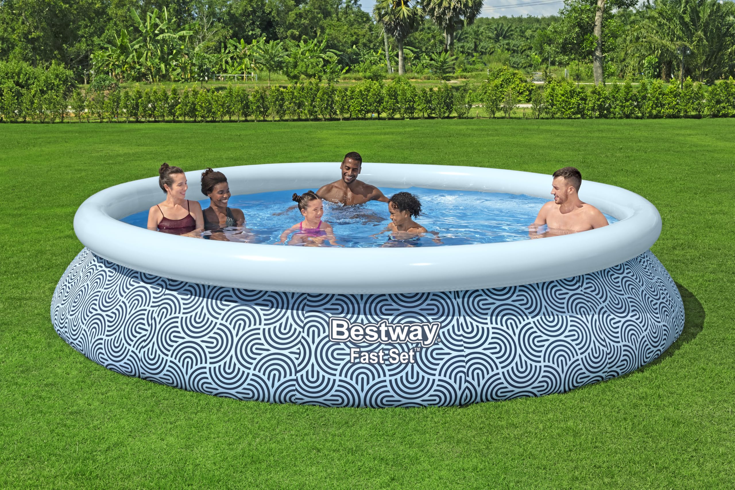 Bestway Fast Set Piscine sur Pied avec Pompe filtrante, diamètre 396 x 84 cm, 7340 litres, matériau TriTech à 3 Couches, Design Lignes Graphiques, Auto-Assemblage, Pompe à Filtre, Cartouche