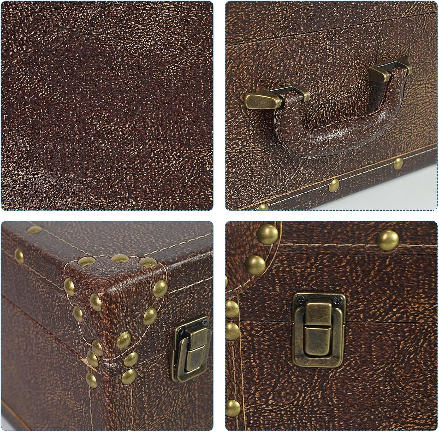 DreamsEden Large Wooden Decorative Storage Trunk - Wood Leather Treasure Chest Box Vintage Suitcase, 13.8" x 11.8" x 6.9"