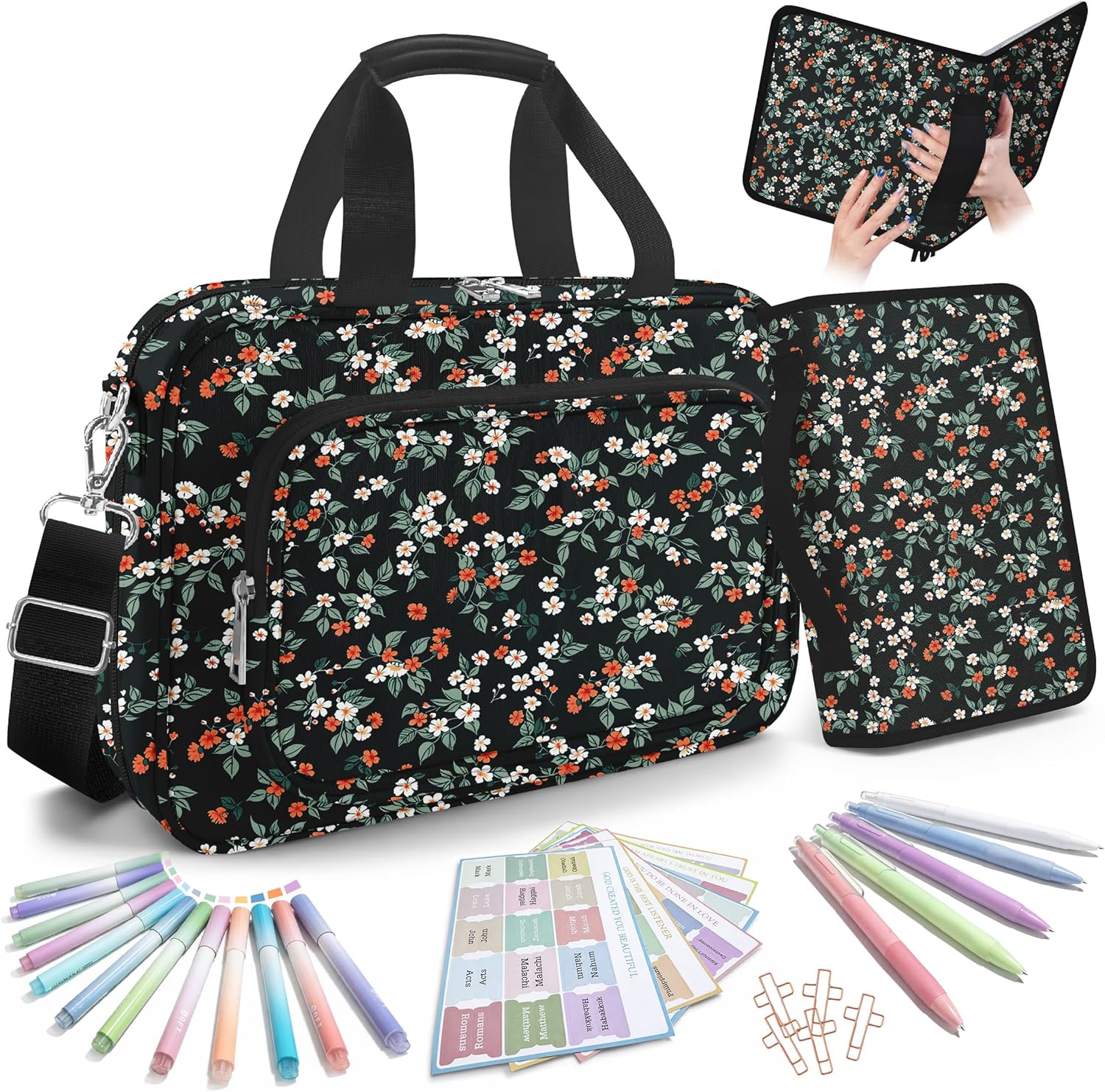 Large Bible Bags for Women Organizer with Bible Cover Case, Bible Cover with Shoulder Strap & Journaling Kit, Pens and Highlighters Cross Clip for Bible Study & Church, Gift for Mom - Flower