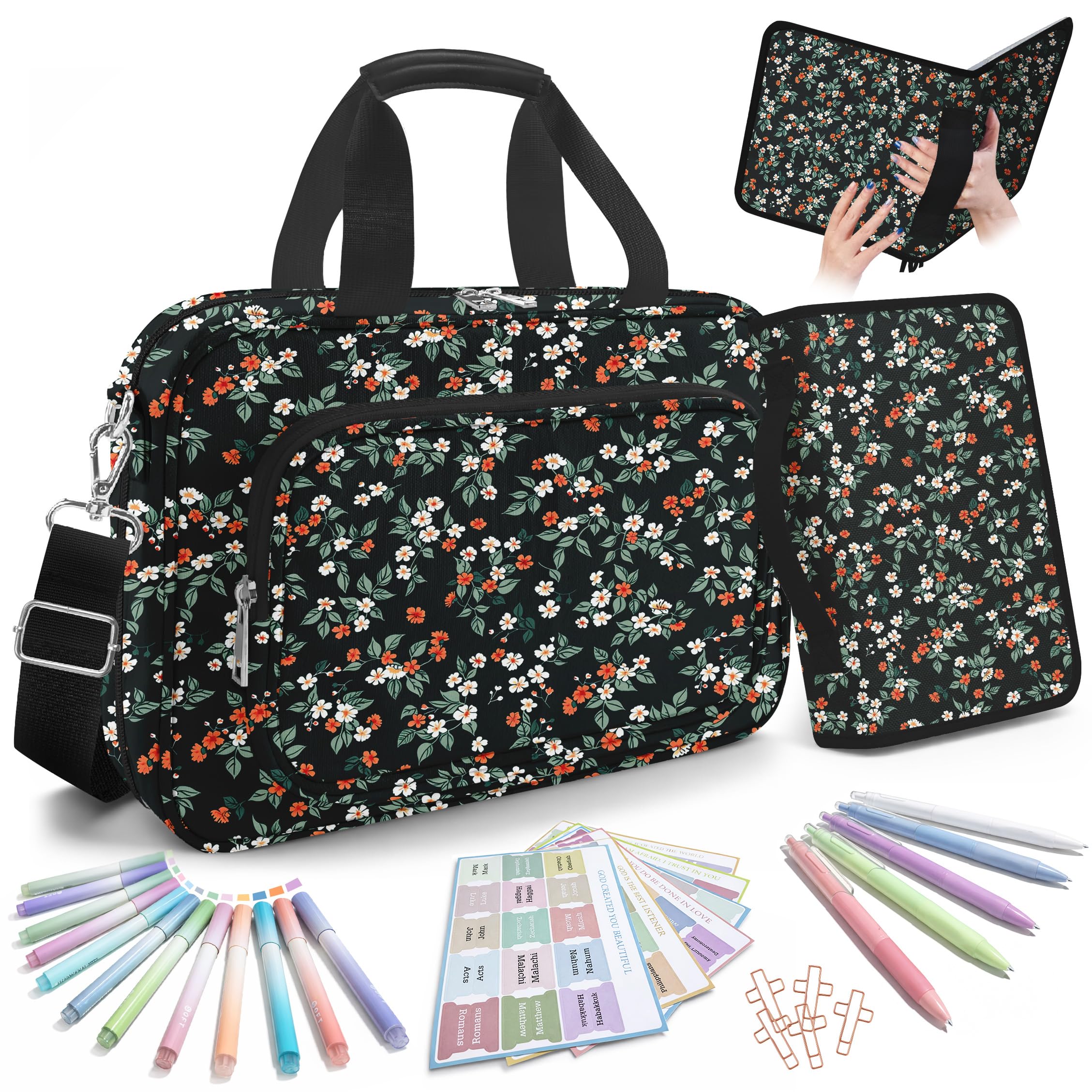 bolimoss Floral Bible Cver Case for Women, Bible Cover with Pens Highlighters Cross Clip for Church, Large Bible Carrying Case with Handle Strap Zipper Pockets, Bible Accessories for Christian Gifts