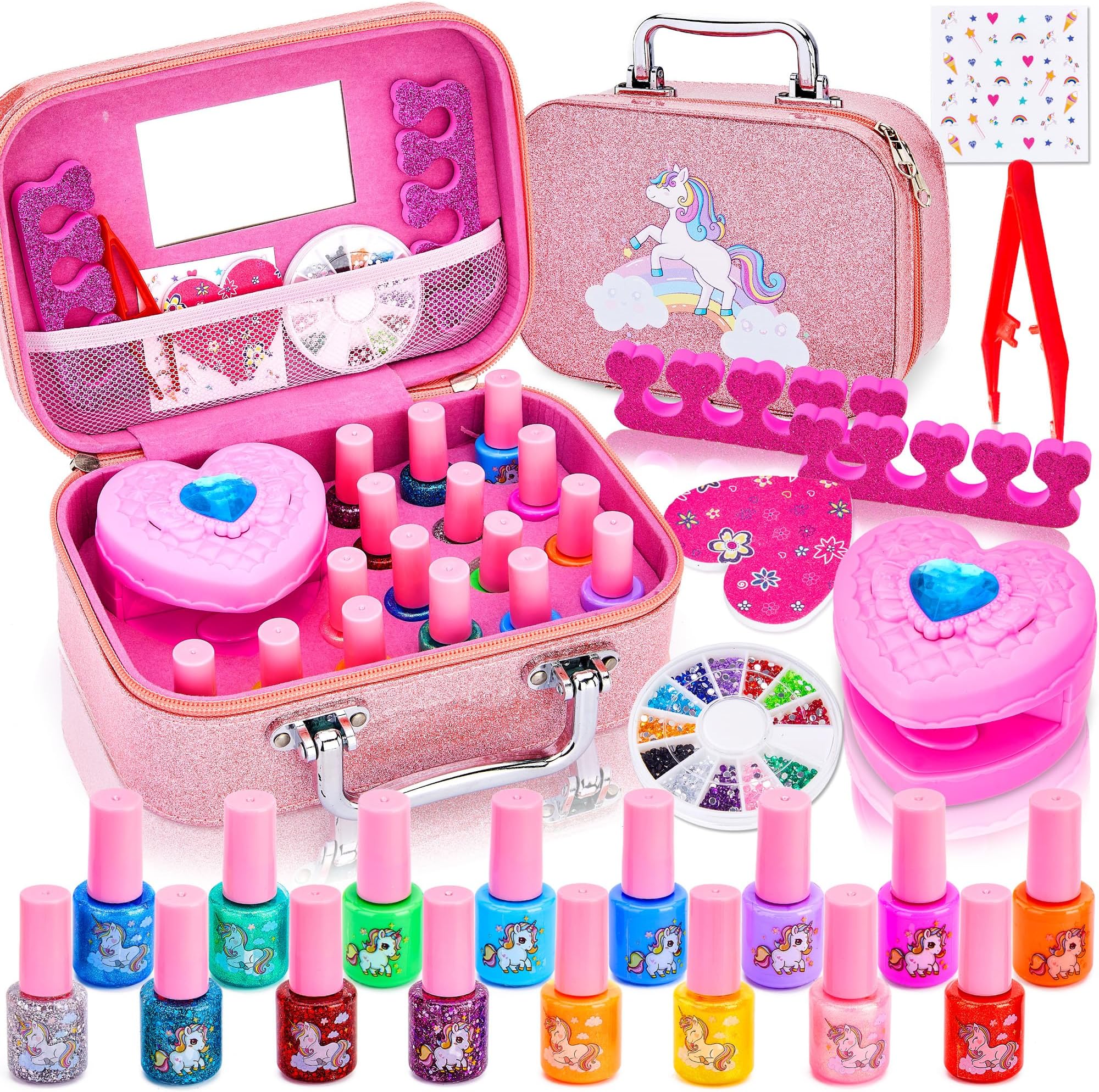 Lubibi Kids Nail Varnish Set For Girls, 16 Colour Non-Toxic Peel-Off Water-Based Safe Quick Dry Nail Polish With Nail Dryer,Nail Files, Nail Stickers, Gem, Unicorn Vanity Case, Unicorn Gifts for Girls