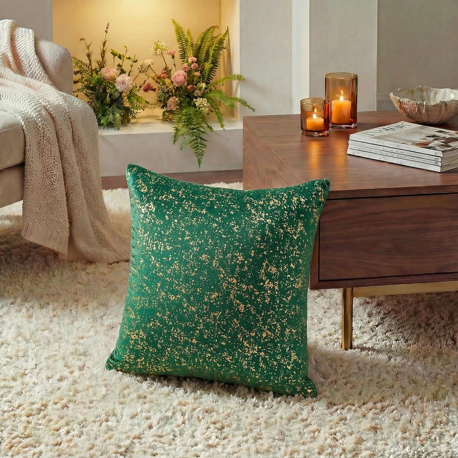 AVOIN colorlife Gold Foil Velvet Throw Pillow Covers 18 x 18 Inch, Green Luxury Accent Cushion Case Glitter Decoration for Home Sofa Couch Set of 2 - Image 5