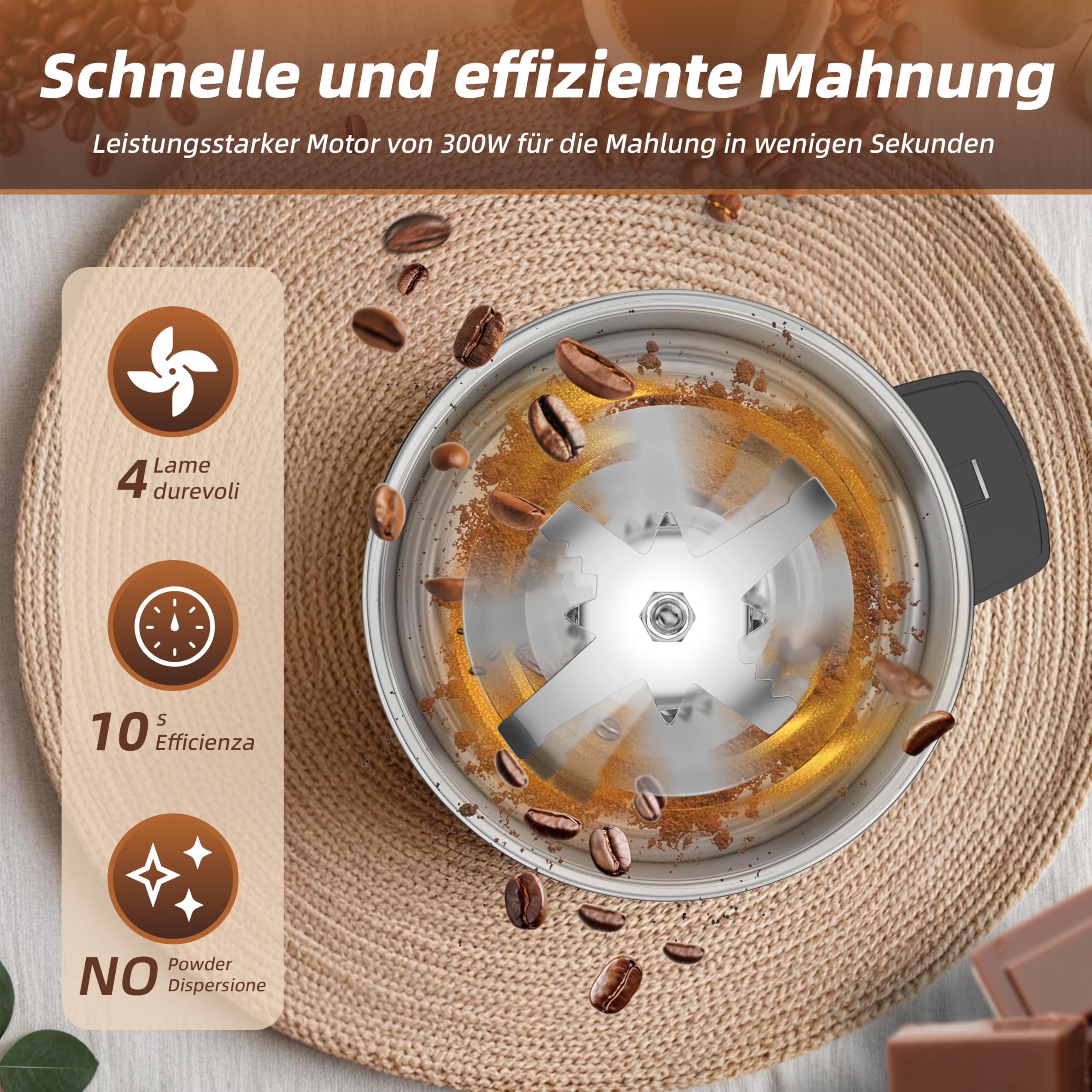 Kaffeemühlen Elektrisch 300W, Macinacaffè, Kaffeemühlen für Espresso/Gocciolamento/Versand. Macinacaffè Für Kaffee, Gewürze und andere Lebensmittel (Silber-178)