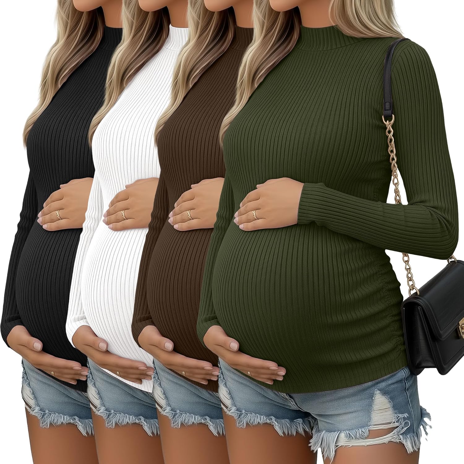 4 Packs Womens Maternity Shirts Long Sleeve Cotton Ribbed Pregnancy Mock Neck Side Ruched Workout Tops for Mama
