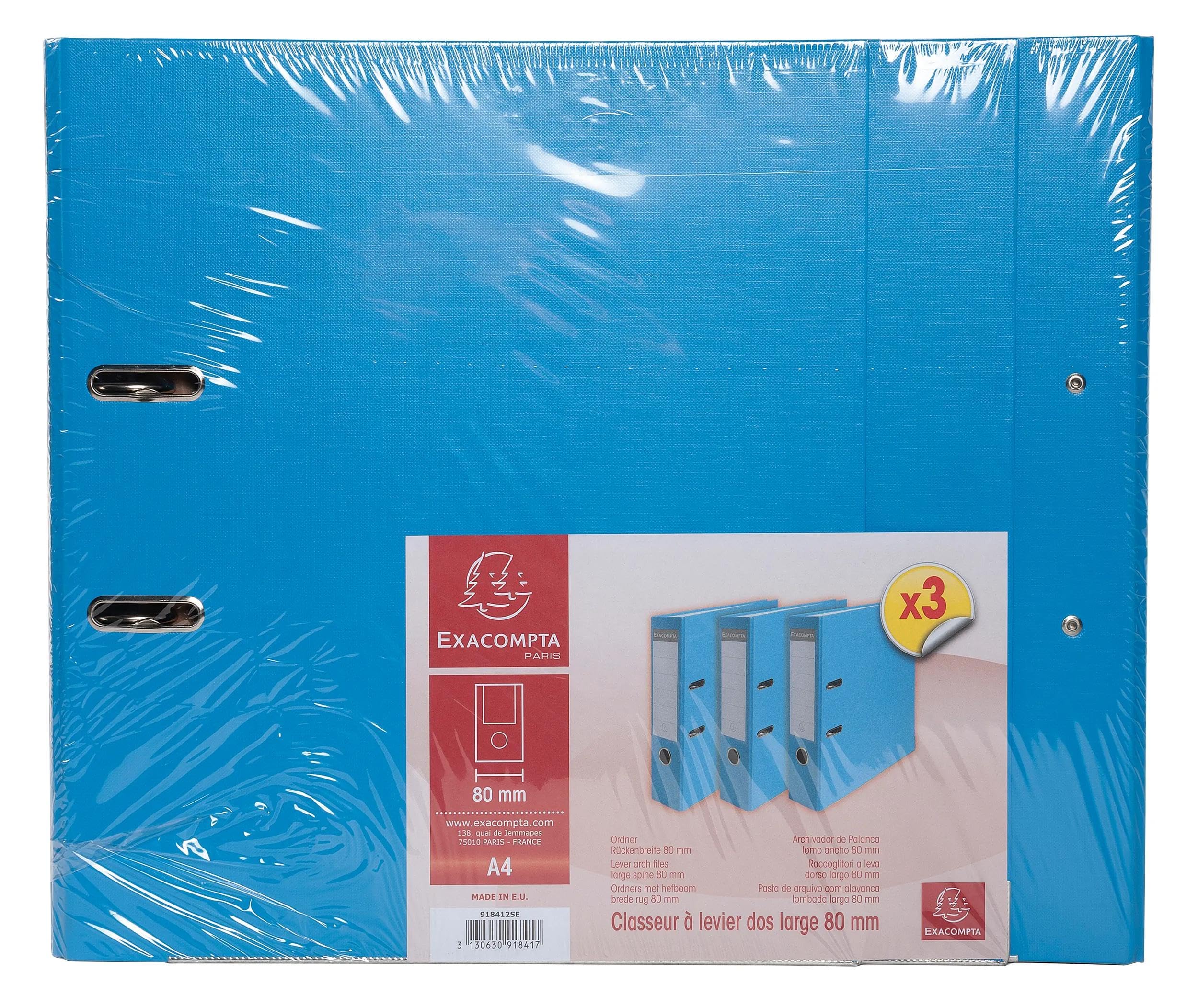 Exacompta - Ref. 918412SE - Caja de 4 paquetes de 3 archivadores de palanca - Espalda de 80 mm - Tamaño A4 - Exterior de polipropileno/interior de papel - Azul claro