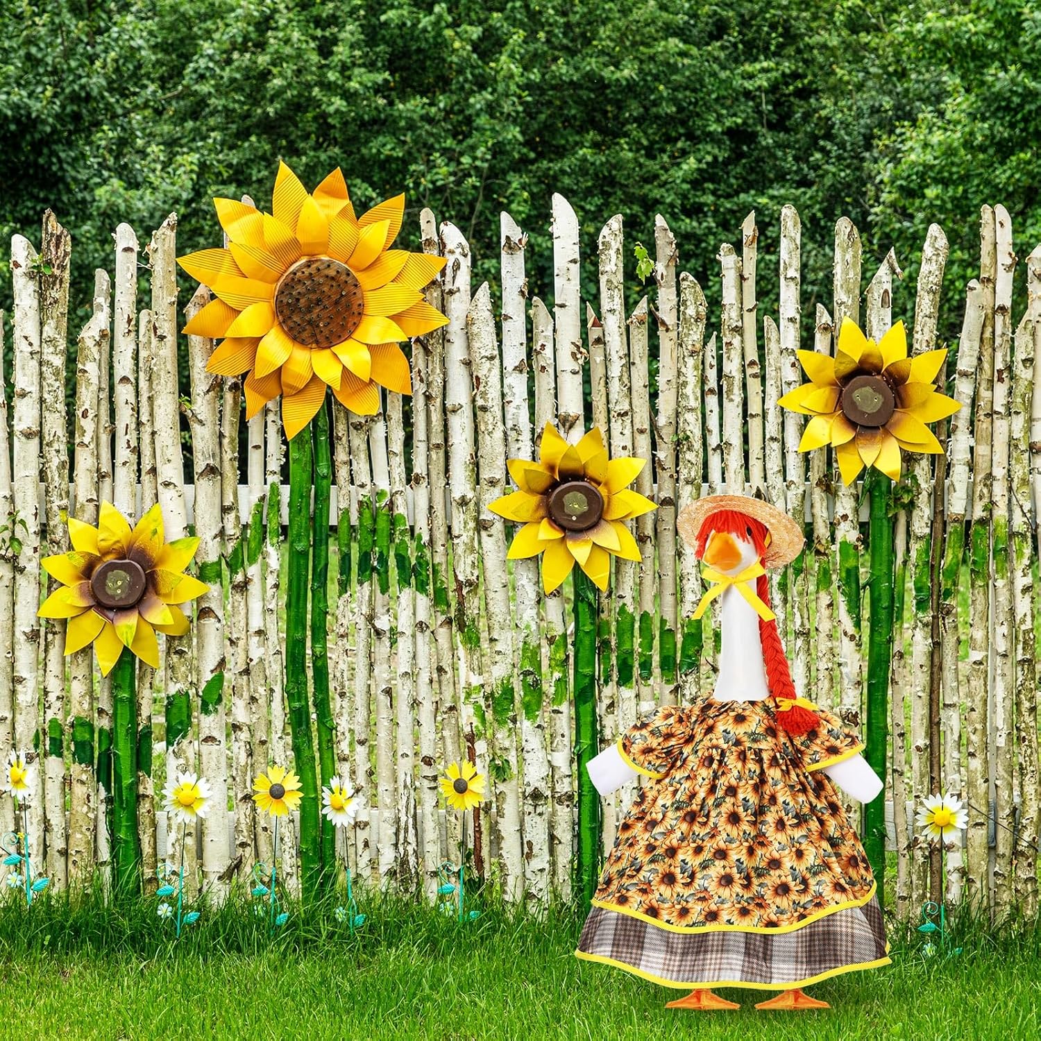 Spring Goose Outfit Sunflower Lawn Porch Cement Goose Sunmer Clothes Skirts Hat Wig Forgarden Outdoor Patio Yard Statue Art Decor(Cherry,23 Inch) - Image 5