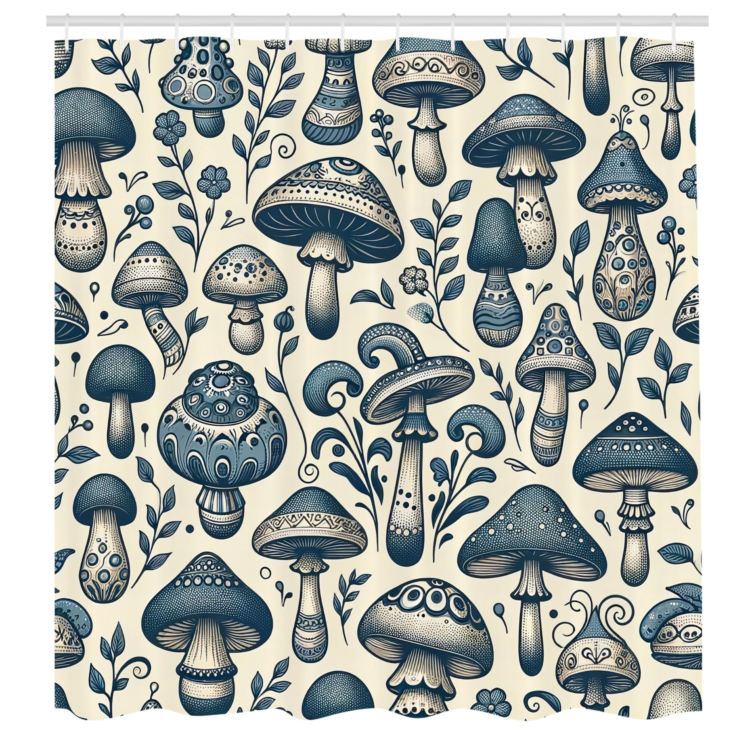 ABAKUHAUS Mushroom Shower Curtain, Bicolour Boho Woodland Art, Cloth Fabric Bathroom Decor Set with Hooks, 175 x 220 cm, Ivory Slate Blue