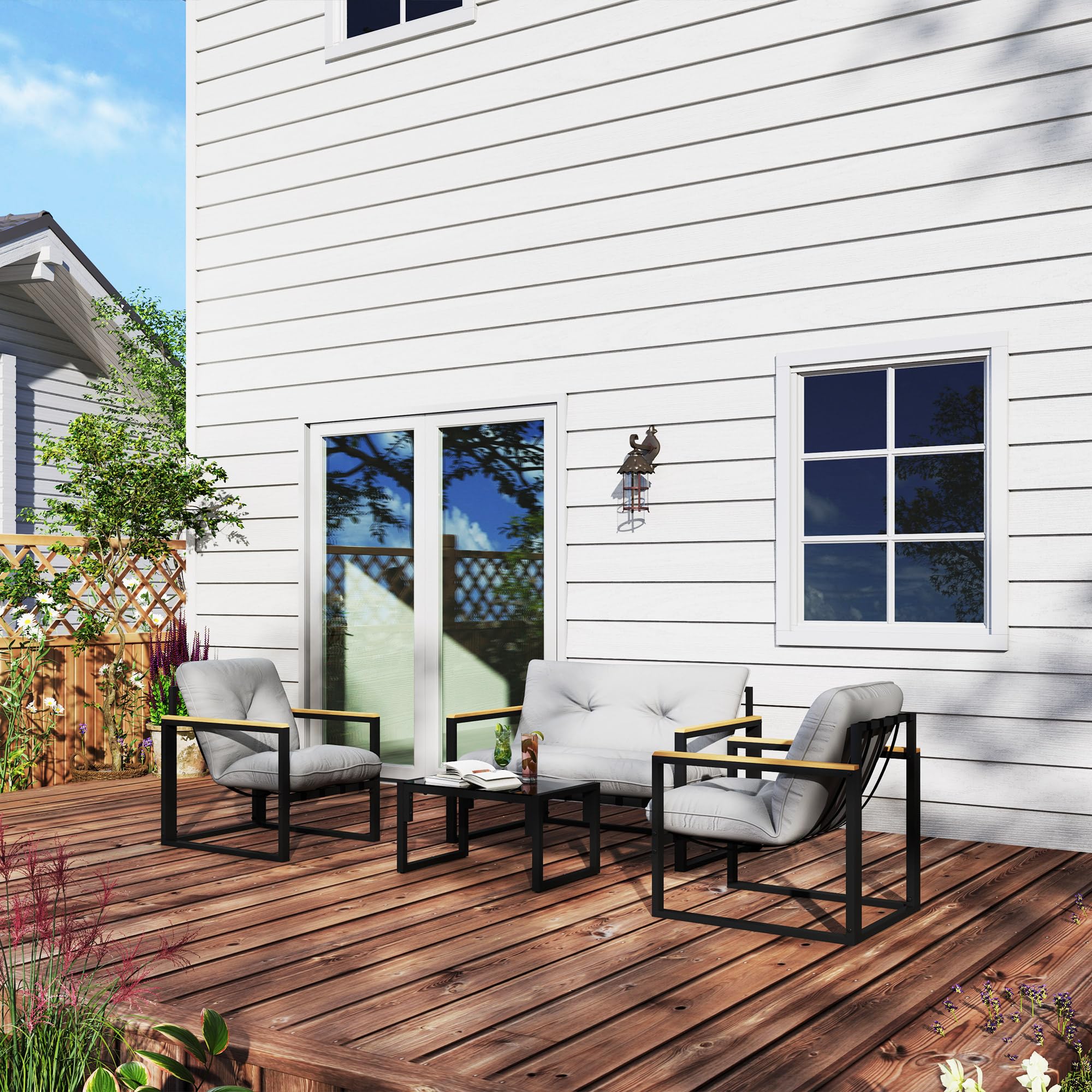 Outsunny Salon de Jardin extérieur 4 Personnes, 4 pièces avec canapé, 2 fauteuils et Table Basse en Verre trempé, Coussins Inclus, mobilier de Jardin Patio Balcon terrasse, Gris