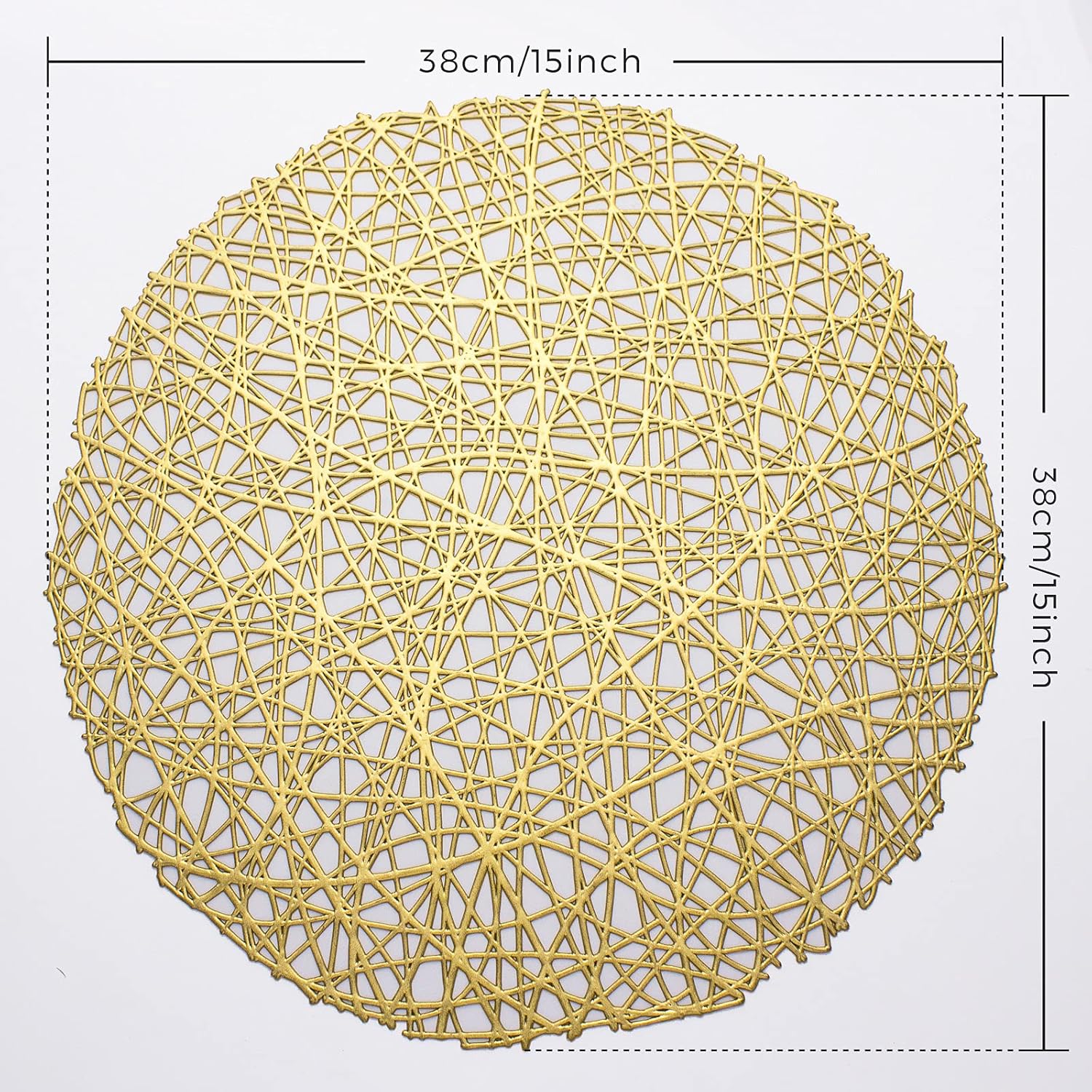 Evevda Gold Round Placemats for Dining Table Set of 8 Metallic Pressed Vinyl Circle Table Mats Wipeable Hollowout Place Mats for Table Decor Holiday Wedding Accent Centerpiece